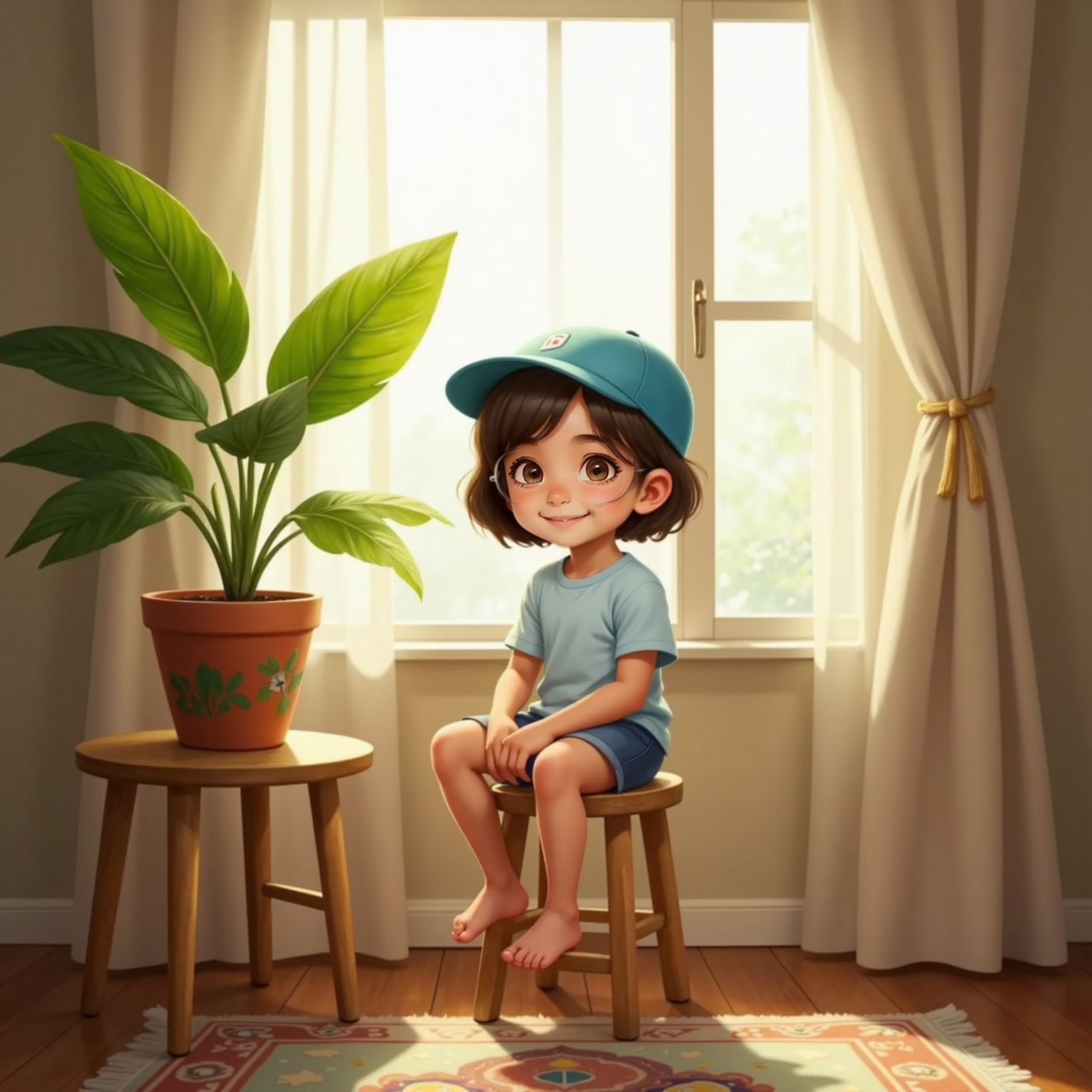Beside a sunlit living-room window, Barbara sits on a wooden stool gazing calmly at a leafy houseplant placed on a small table; she wears a blue baseball cap and sunglasses, afternoon light casting soft green reflections around her.