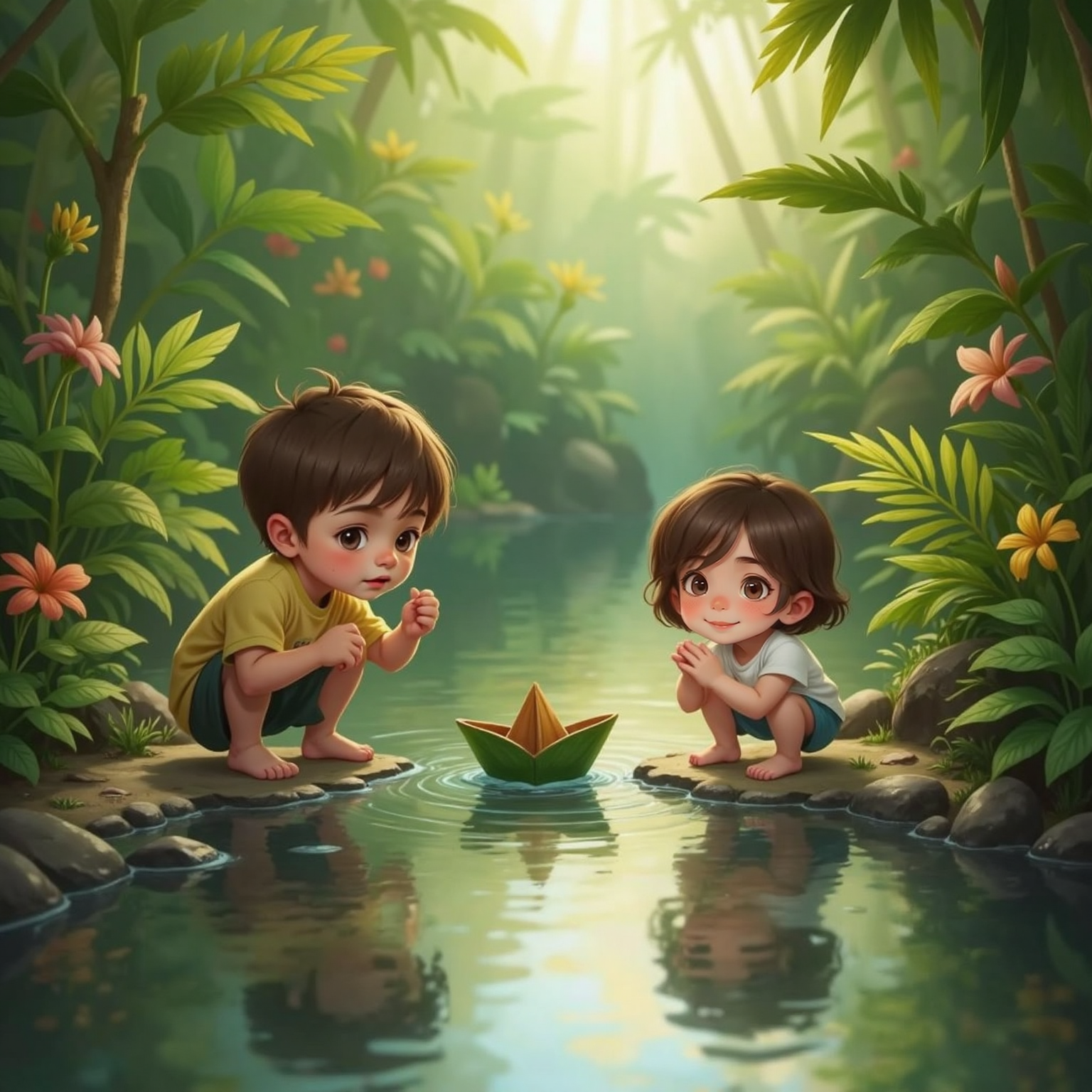 Still jungle pool under soft late-afternoon sun; Shepard releases a tiny folded leaf boat onto the mirror surface while Dove crouches nearby, clapping as their second boat waits on a smooth pebble island.