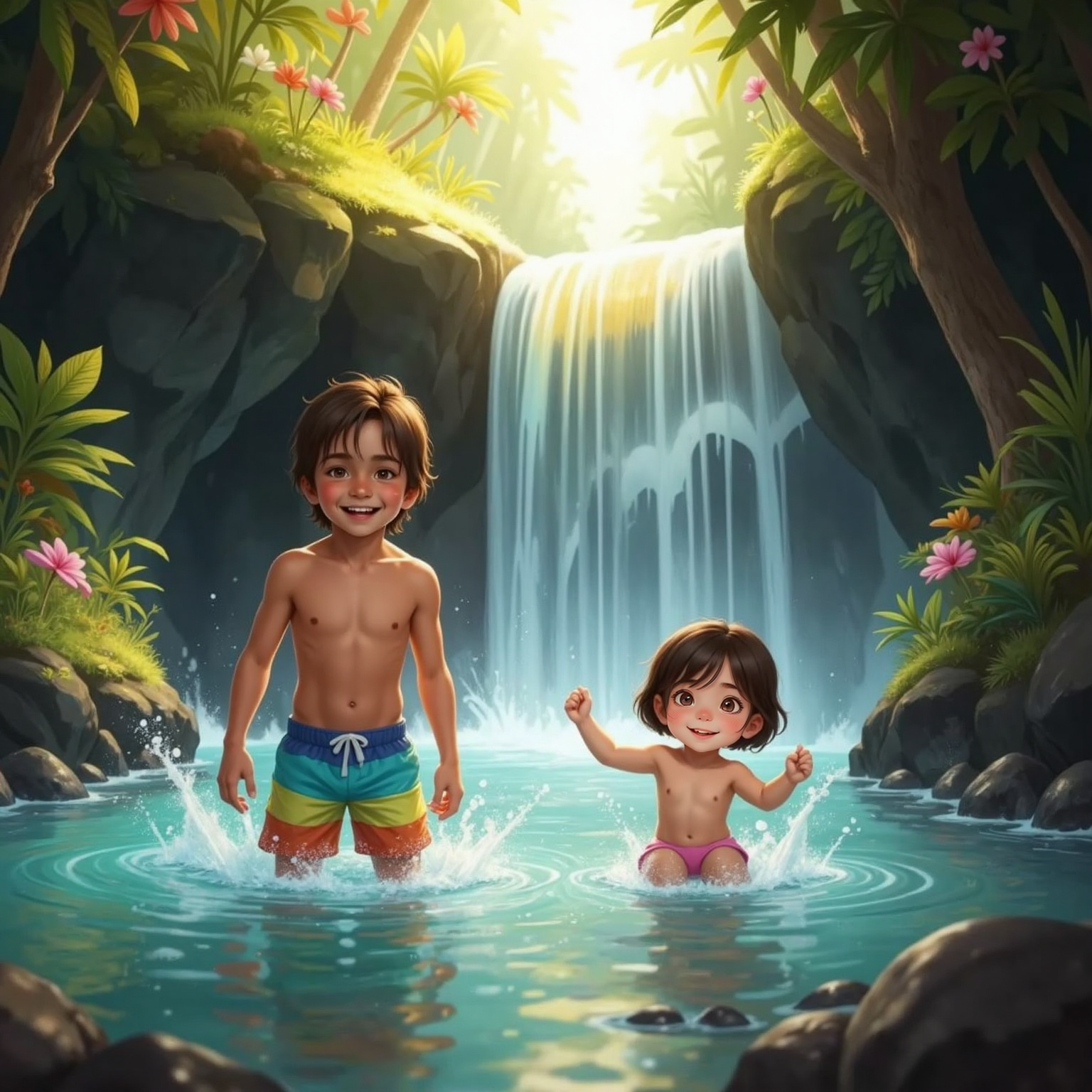 Hidden jungle alcove before midday waterfall; crystal water crashes, casting rainbow mist. Shepard twirls through spray while Dove lifts arms laughing, droplets sparkling around them against dark mossy rocks.