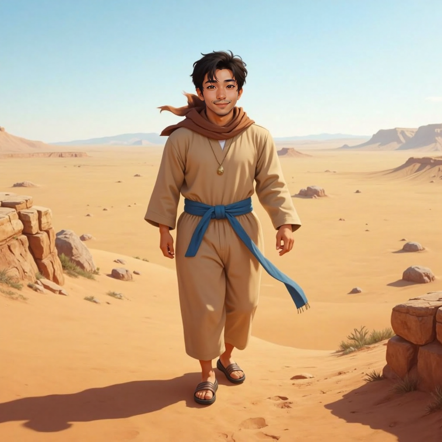 Mid-afternoon sunlight gilds scattered boulders on an open plateau; Jacó walks among them, arms swinging freely, face lifted in a grateful smile as warm wind ruffles his hair.