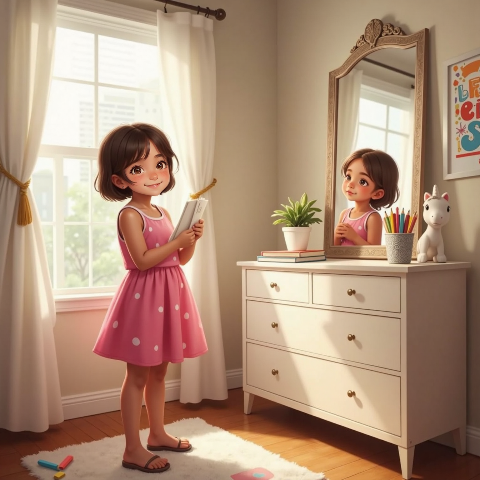 Inside her brightly lit bedroom in morning sunlight, Barbara studies the reflection of her full body in a tall mirror, light-brown hair framing her curious face. She clutches a blank notebook and scattered colored pencils lie on the dresser.