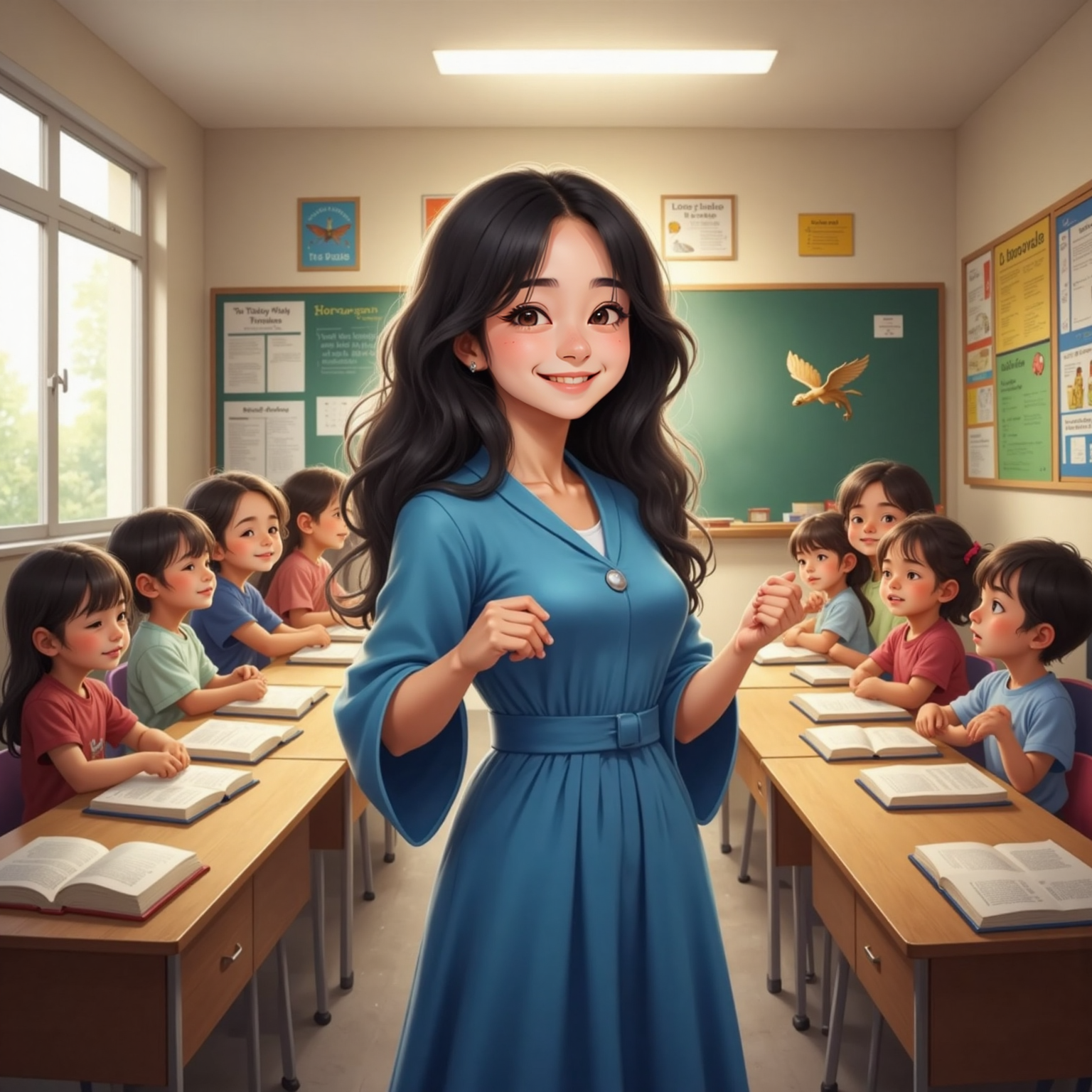 In the brightly lit classroom, desks are covered by open, fluttering books whose pages resemble tiny wings, while Ms. Andrea, smiling warmly at center aisle, gestures invitingly toward the airborne stories.