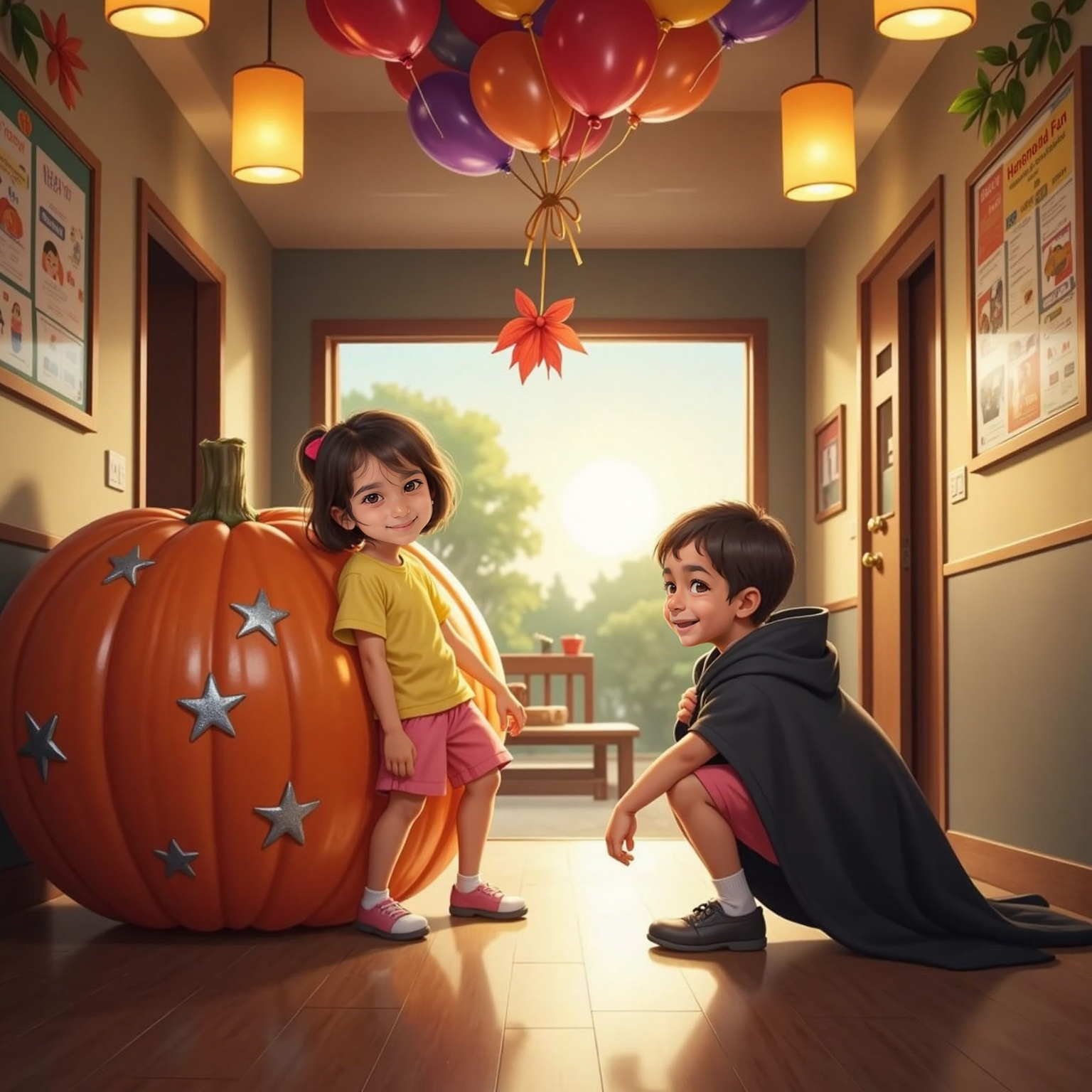 Inside the lantern-lit school foyer at dusk, Sara crouches beside the star-painted Giant Pumpkin while Krishaay swishes his black vampire cape. Balloons float overhead, casting colorful reflections on the polished floor.