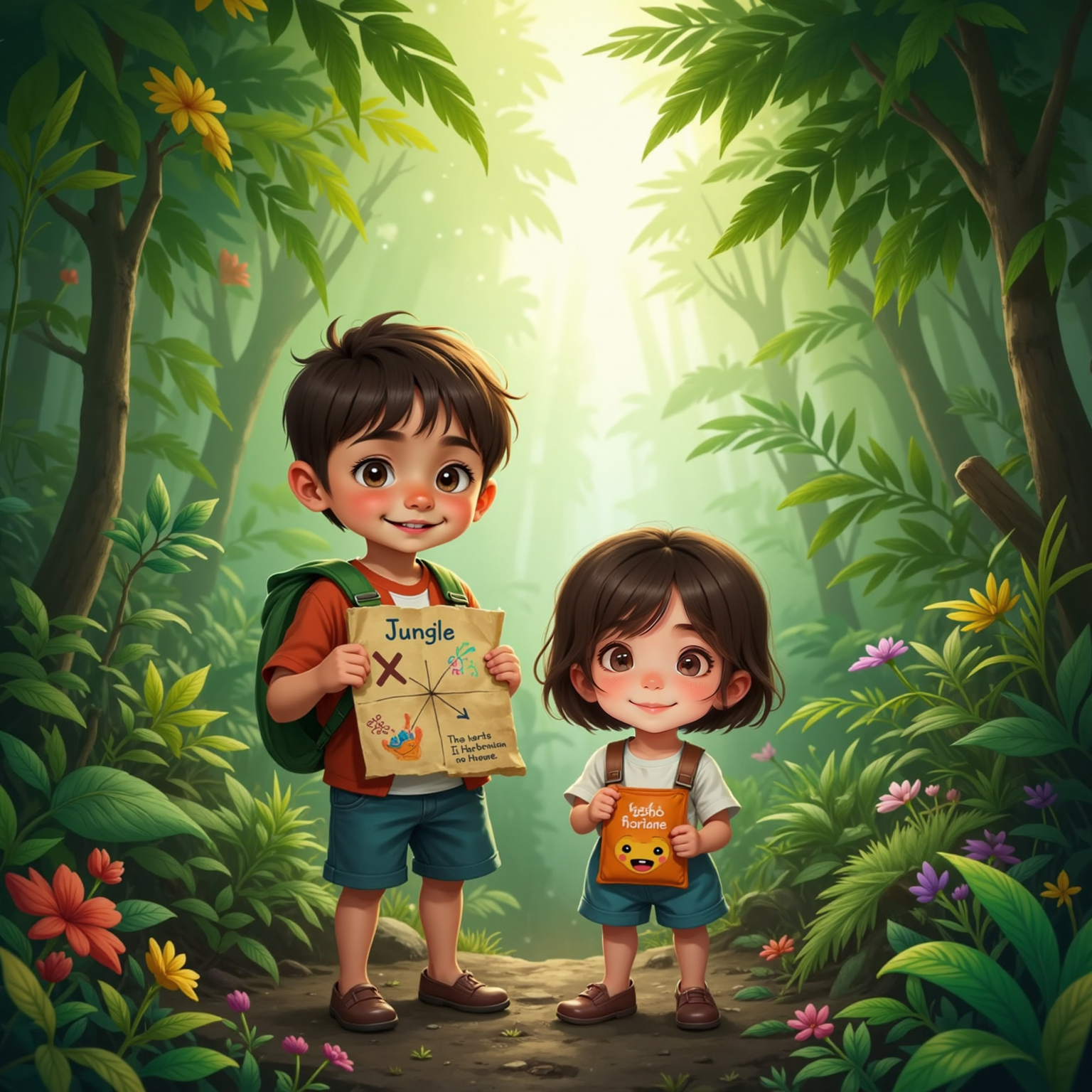 Outdoor jungle midday beneath towering leaves, Dove and Shepard stand on soft soil. Shepard holds a crayon-drawn map while Dove balances a small snack bag, sunlight filtering green around them.