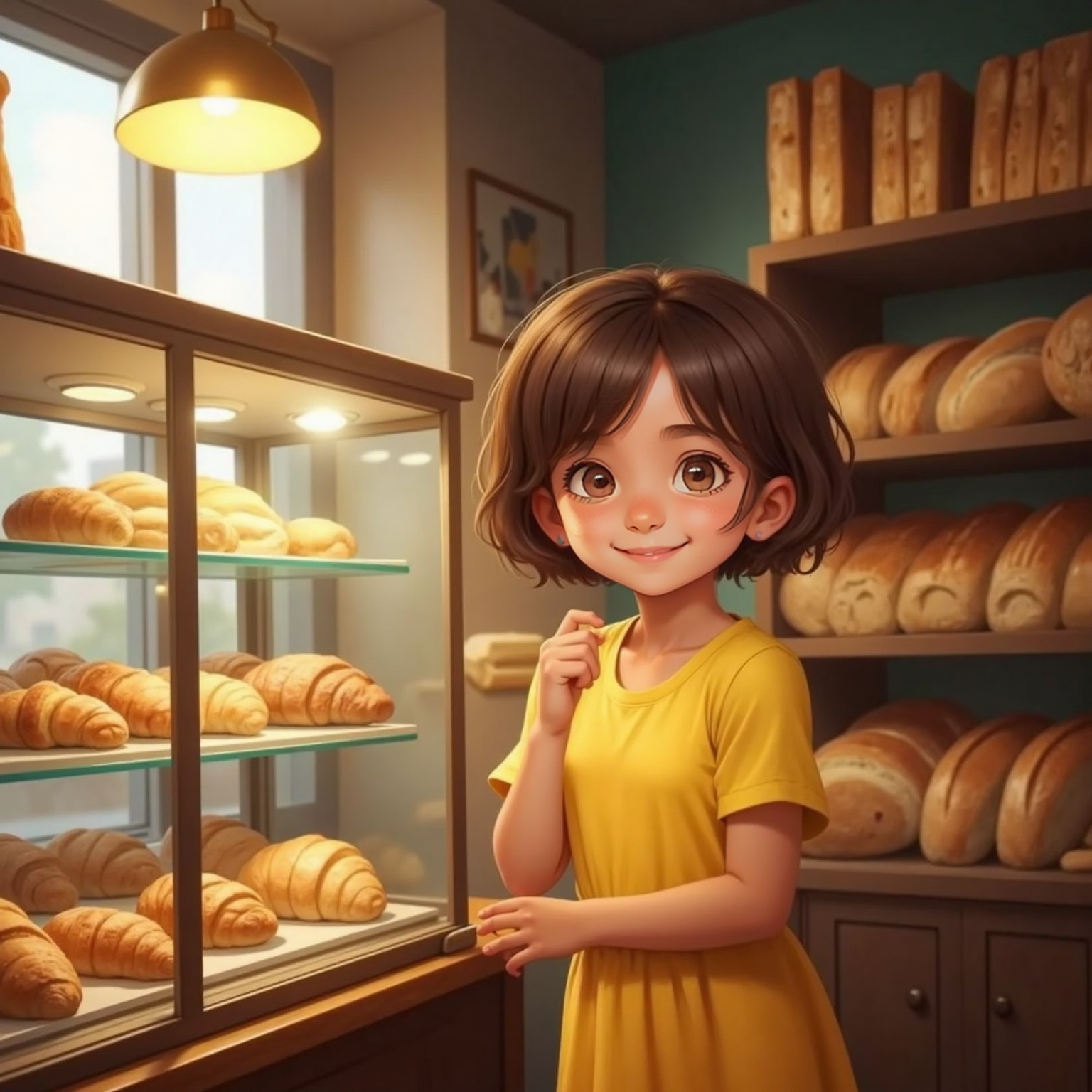 Inside a cozy bakery lit by golden morning lamps, Barbara inhales the scent of fresh bread near a display case. She lifts her elbow quickly to cover an impending sneeze, flour dust motes floating around.