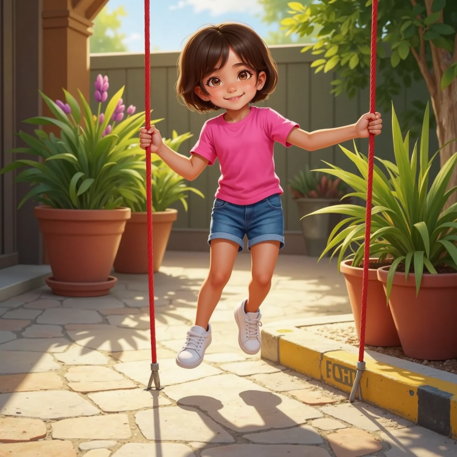 Outside on the sunlit patio, Barbara jumps mid-air over a swinging red rope, knees tucked and mouth open in determined focus; snug sneakers, securely tied laces, and a nearby curb with a caution line frame the scene.