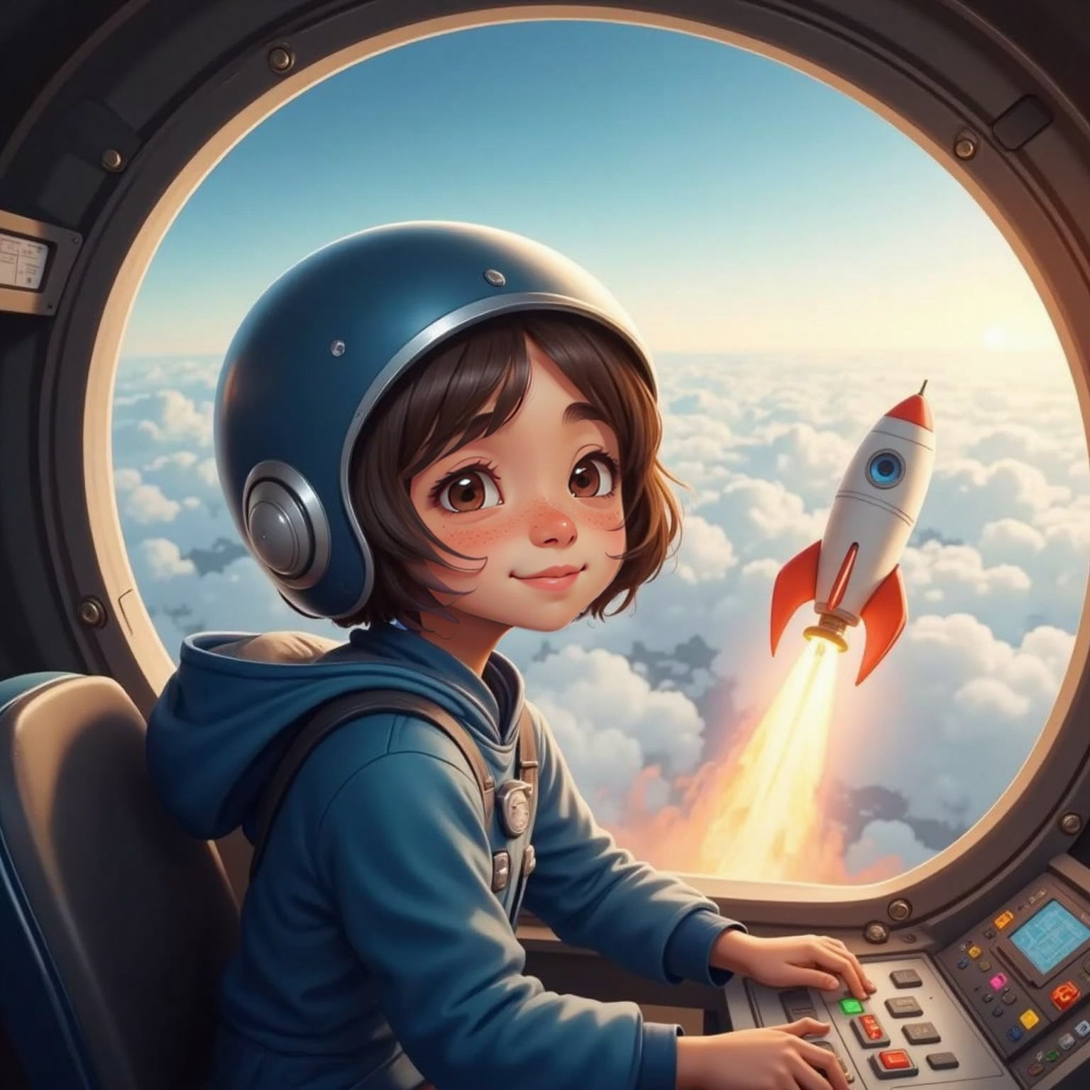 Ari, in her blue flight suit and helmet, smiles in the rocket cockpit above the clouds as flames trail beneath.