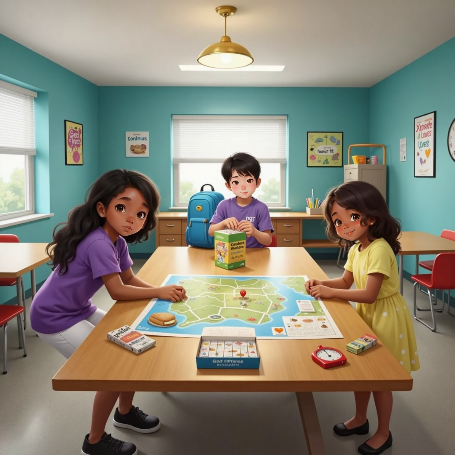 Around a long table in the youth room, Jessica spreads a colorful map under bright ceiling lamps, Jordan stuffs sandwiches into a backpack, and Grace arranges 'God loves you' sticker sheets nearby. Crayons and stopwatches lie scattered between them.