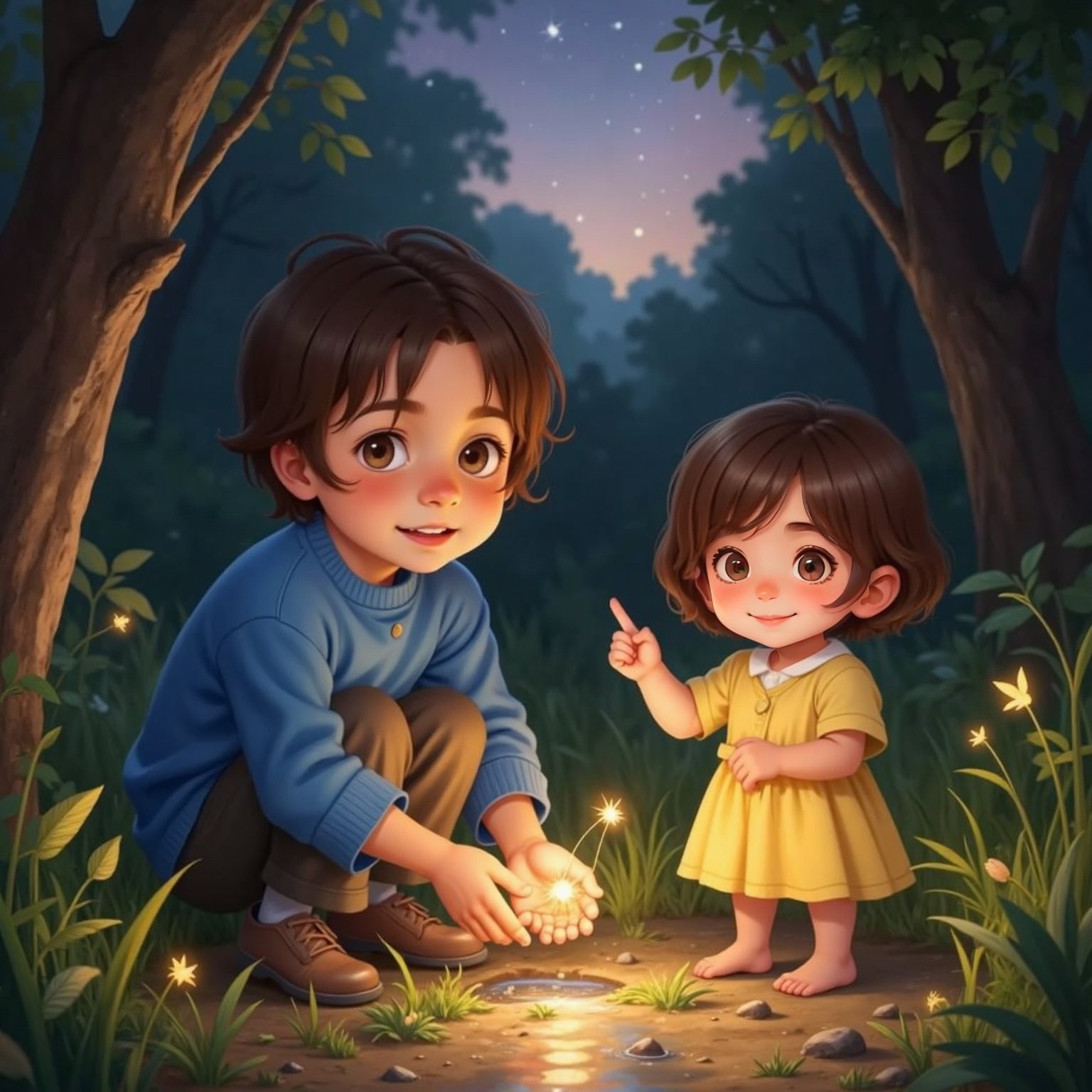 Dusk clears a small clearing; golden-purple sky reflects in shallow puddles as fireflies glow. Shepard holds a cupped hand watching tiny lights bob, Dove points upward, both illuminated by soft bioluminescent sparkles.