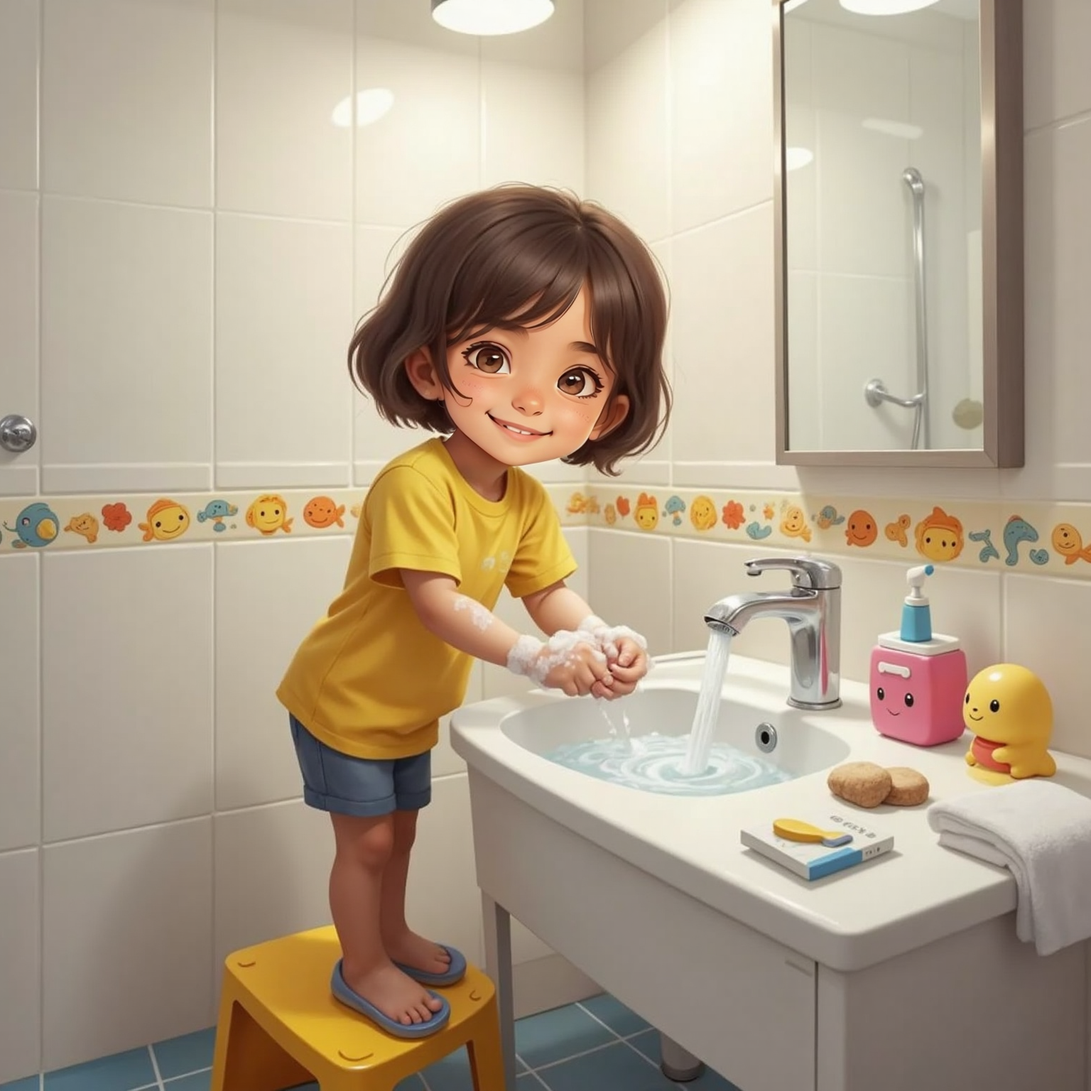 Under bright bathroom lights, Barbara scrubs her soapy hands over the running faucet, elbows bent outward. Nearby, a small nail clipper and trimmed nail bits sit neatly on a white towel.