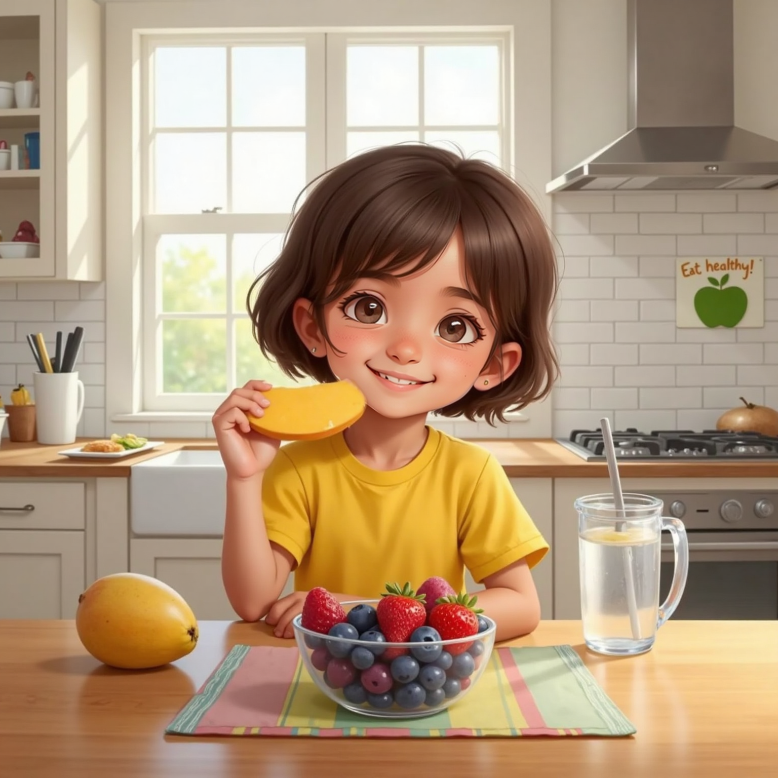 At the bright kitchen table during midday, Barbara sits upright chewing a slice of colorful mango, assorted berries in a glass bowl and a tall water bottle arranged neatly before her; sunlight reflects off the tiled backsplash behind.
