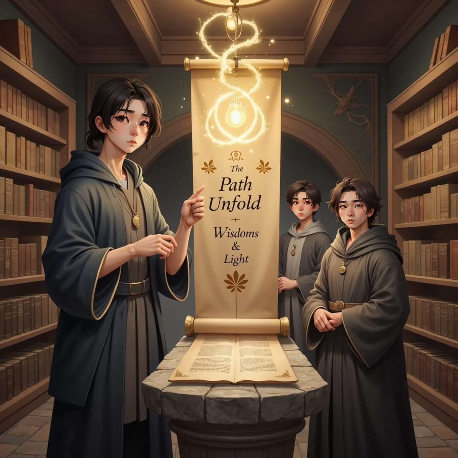 Shen Mu points as swirling golden symbols hover above an unfurled scroll, while Lei Xuan watches in awe.