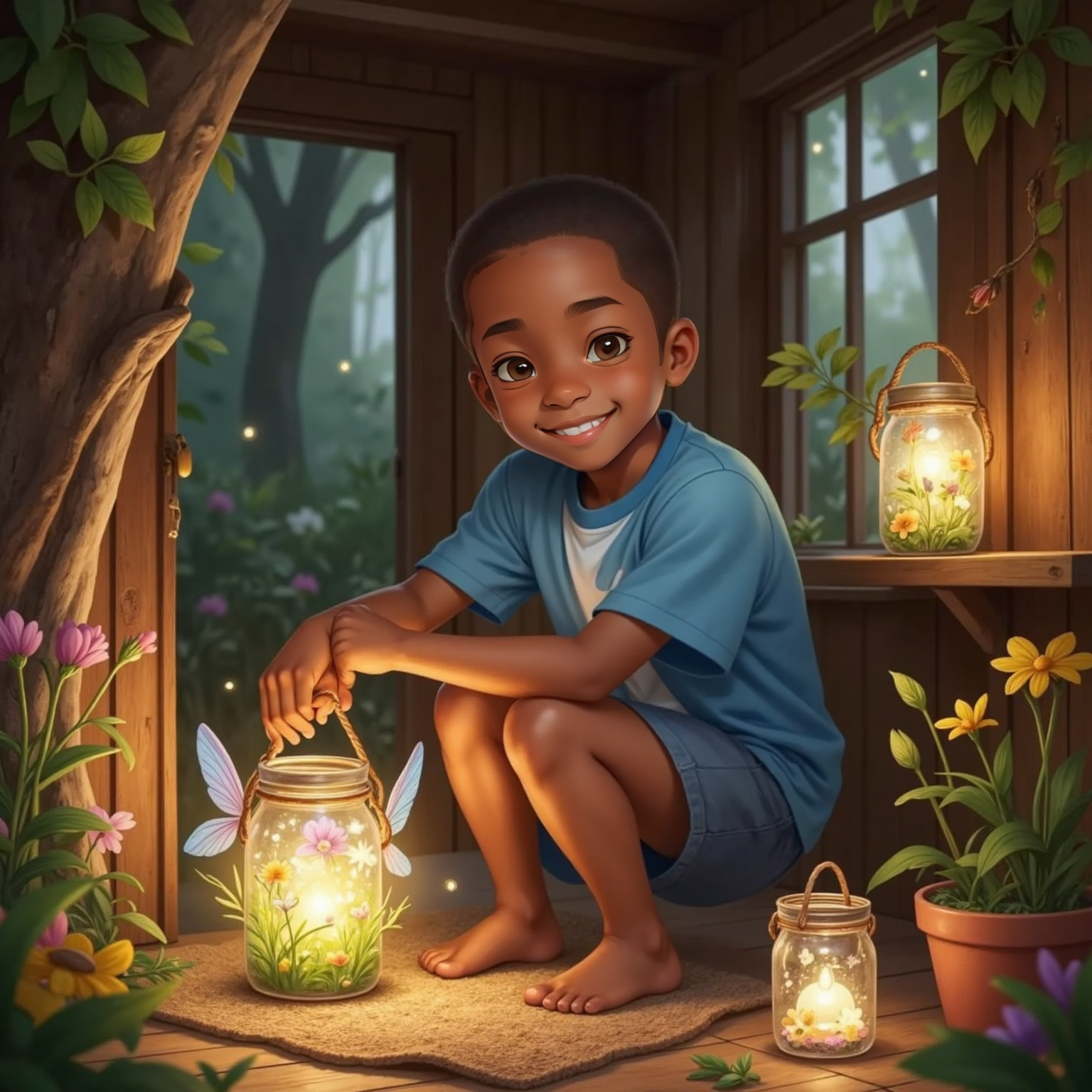 Inside the softly lit treehouse night, fairy lanterns flicker as Kylie-Joshua kneels amid tiny singing fairies, arms gently wrapped around a glowing cluster while he beams and joins their soaring melody.