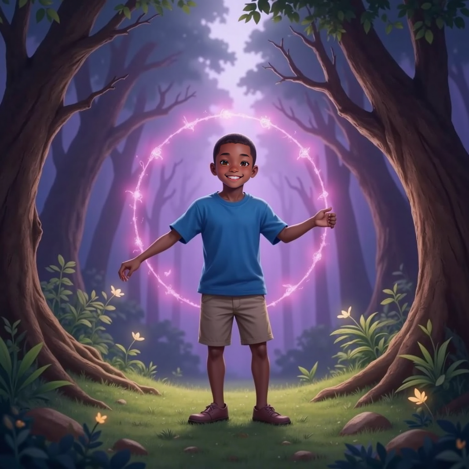 In a twilight forest clearing, soft purple light reveals clusters of twinkling fairy lights hovering near the mossy ground while Kylie-Joshua stands mid-twirl, arms spread and laughing toward the glowing halos.