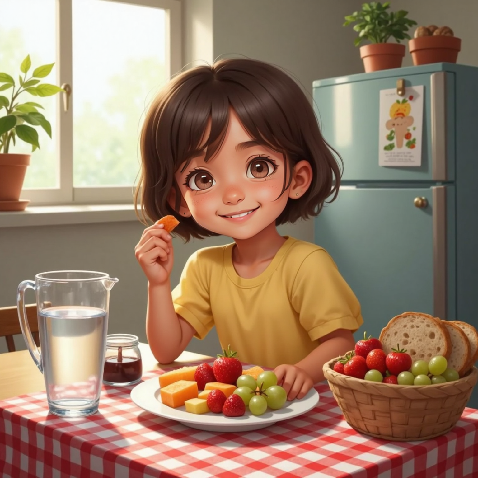 At a sunny kitchen table, Barbara chews a colorful fruit salad slowly, concentrating on each bite. A clear pitcher of water and whole-grain bread sit nearby on the checkered tablecloth.