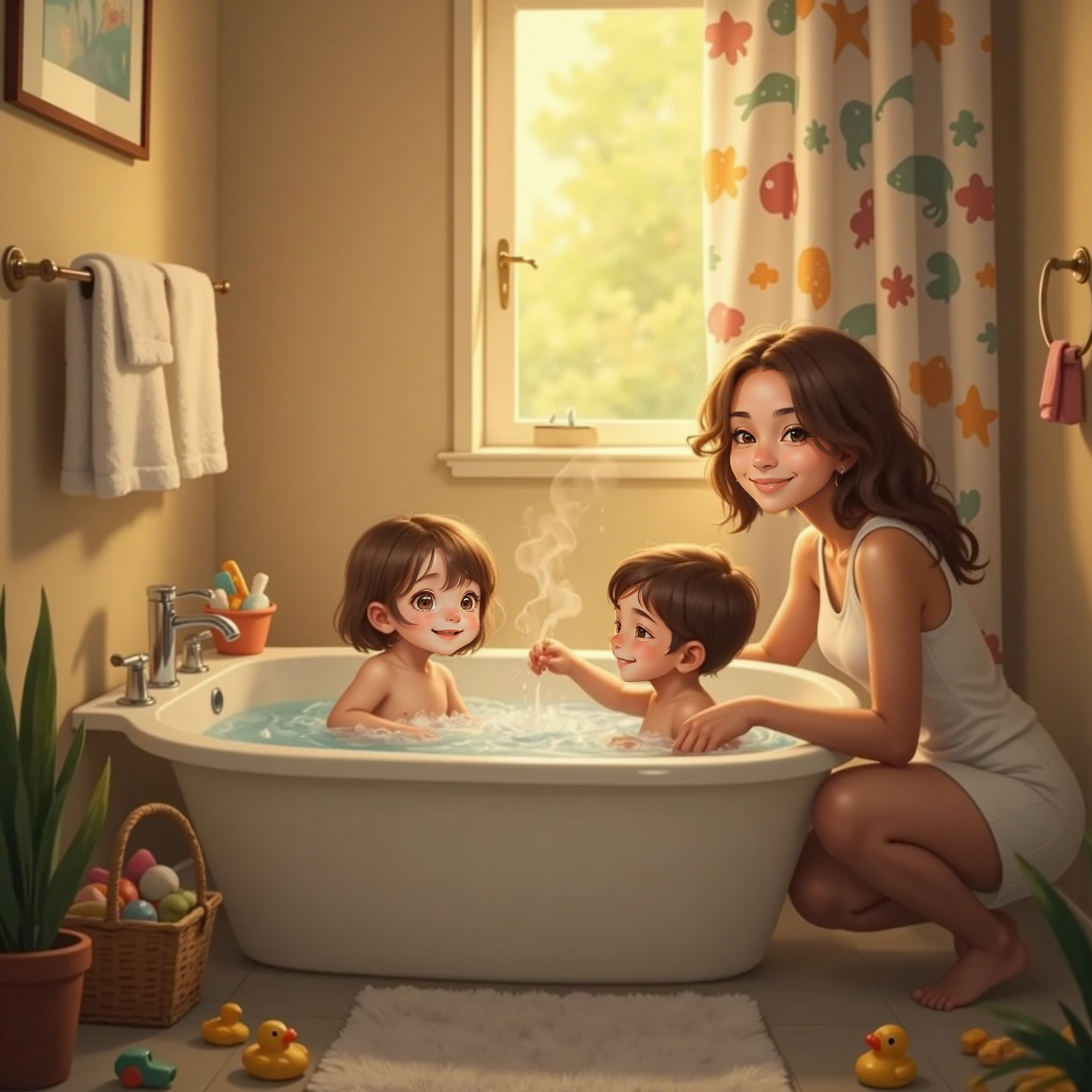 Bathroom evening, warm yellow light reflects off bubbly water. Sebas, arm outstretched with a yellow rubber duck, grins at Maria Paz who splashes happily in the tub while Mamá kneels nearby supervising.