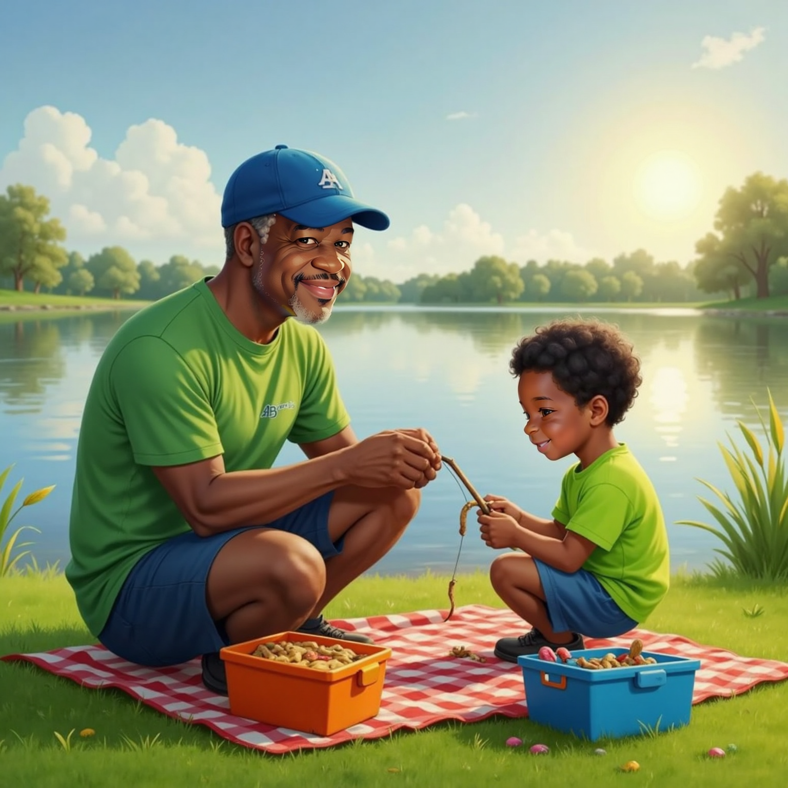 On the grassy lakebank under late-morning sun, Poppi kneels spreading a checkered picnic blanket beside tackle boxes. Amias, tongue poking out, tries to thread a squirmy worm onto his little hook.
