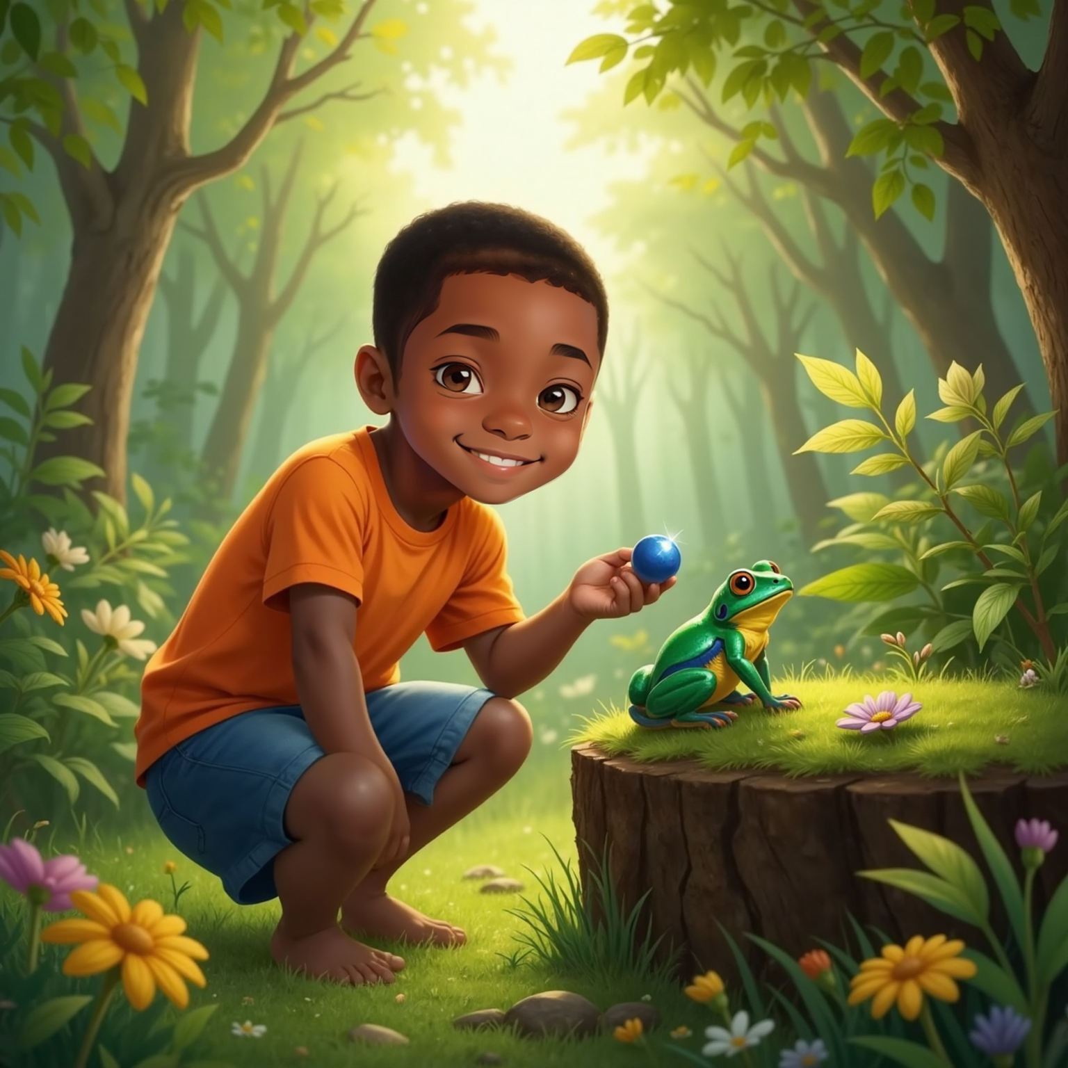 Dappled noon light filters onto a mossy log where a tiny, jewel-sparkling frog extends a bright blue berry toward Kylie-Joshua, who kneels nearby with a delighted smile.