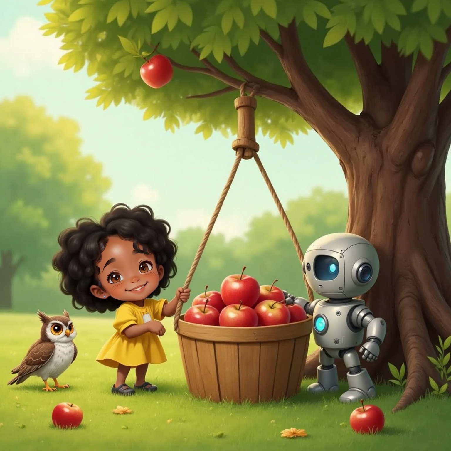 Among orchard trees in soft afternoon light, Max and Kiko pull a rope threaded over a simple pulley attached to a branch, smoothly lifting a wooden bucket brimming with red apples. Bella glides nearby, wings spread against the green backdrop.