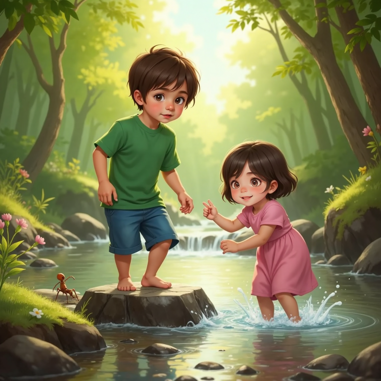 Sunlit stream glitters through canopy gaps; Shepard balances on shallow stepping-stones mid-water as Dove, ankle-deep at the edge, splashes with one hand and grins, pebbles and tiny ants visible on the damp bank.