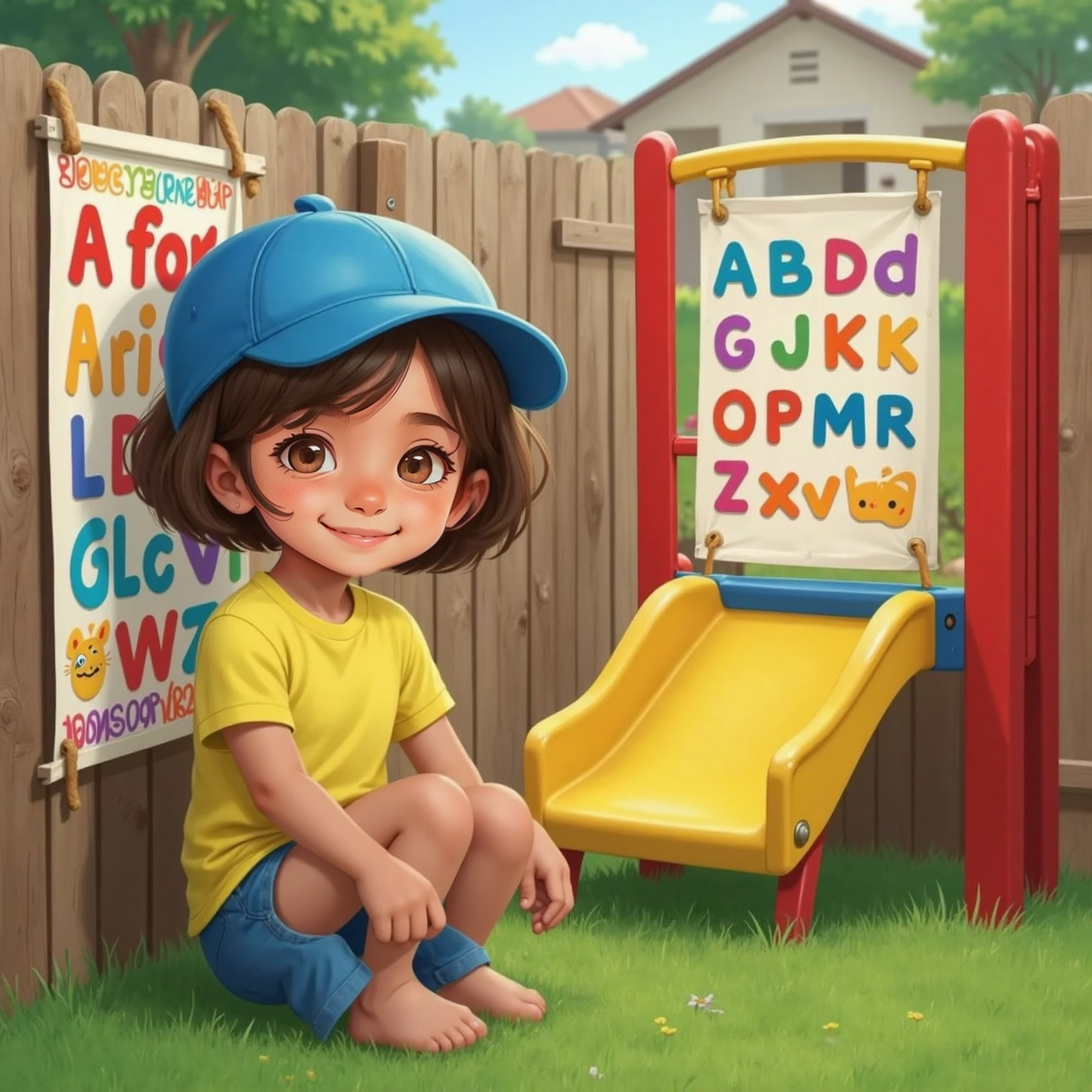 On a bright playground at midday, Barbara squints happily at a colorful alphabet poster tacked to a fence. She shades her eyes with a blue baseball cap as soft sunlight glints off the poster.
