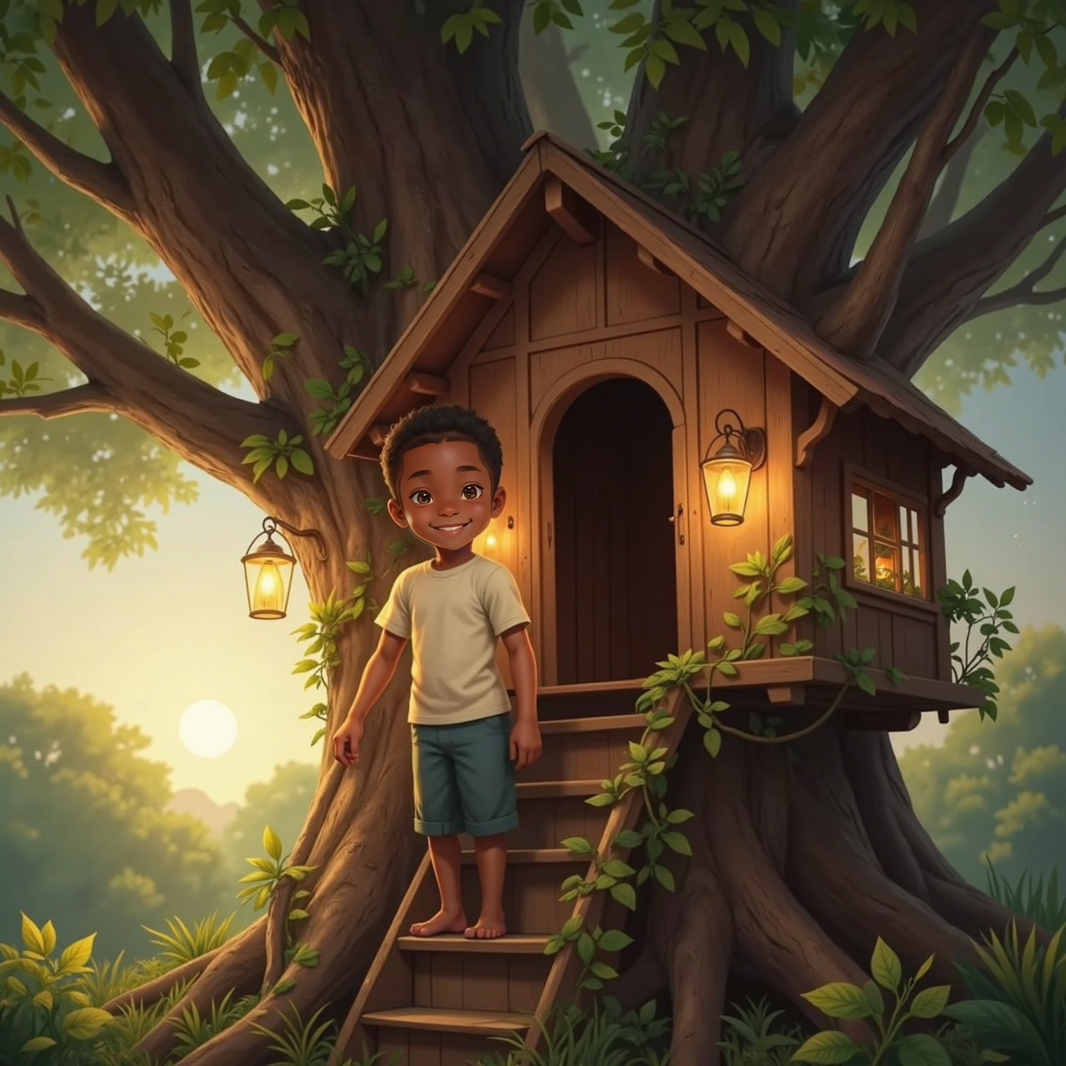 Evening glow washes over a towering oak where a vine ladder rises to a cozy treehouse; halfway up, Kylie-Joshua grips the vines, face lit by warm fairy lanterns hanging from the doorway.