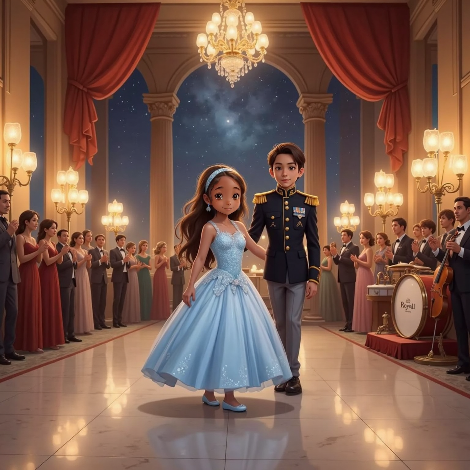Inside the candlelit palace ballroom, Cinderella moonwalks across the polished floor, smiling confidently. A young prince in regal attire stares amazed while guests form a clapping circle around her and the band’s instruments gleam under crystal chandeliers.