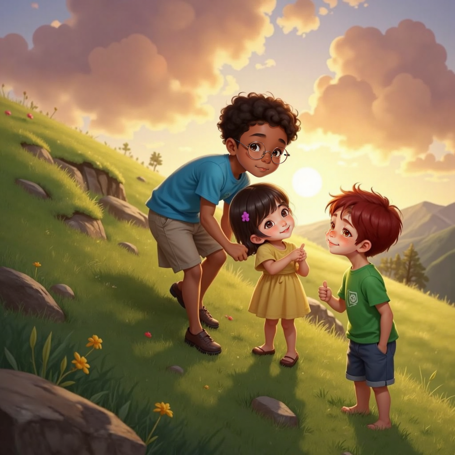 On a steep grassy patch under the warm sunset glow, Sammy bends forward panting, sweat on his brow. Cally wraps him in a quick hug, comforting smile shining, while Milo stands close, offering an encouraging thumbs-up.