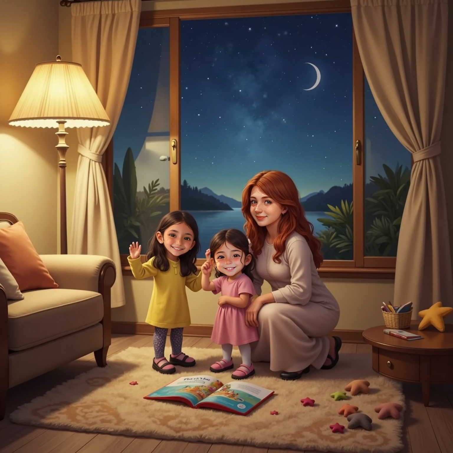 Evening lamp glow fills the living room as Adel extends her right hand, steering an invisible ship through the air. Beside her, Dina mirrors the motion, their palms side-by-side, while Maya kneels behind them whispering guidance.