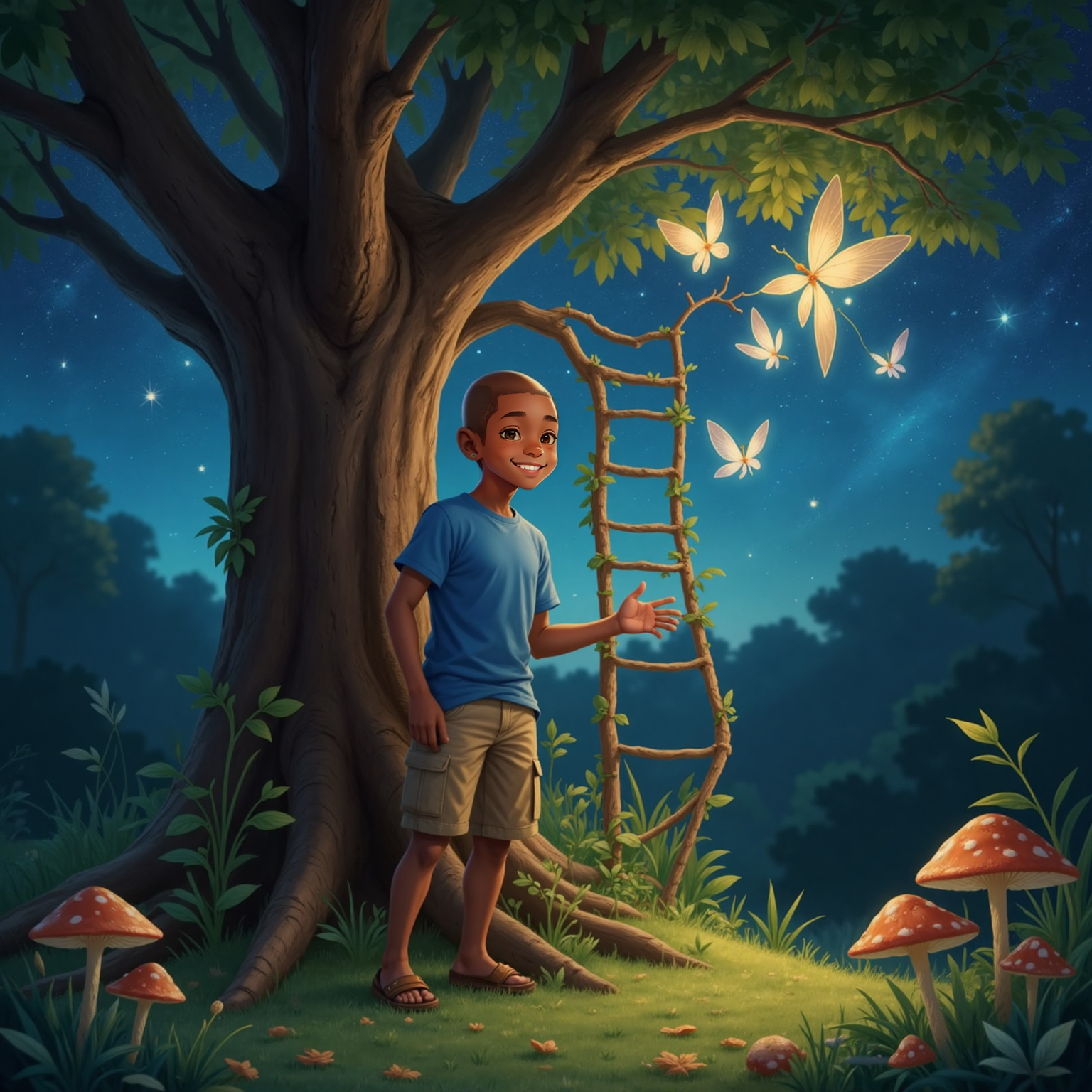 Starlit forest floor beneath the towering oak; Kylie-Joshua stands at the foot of the vine ladder, one hand raised in farewell to shimmering fairies above as gentle night breeze rustles leaves.