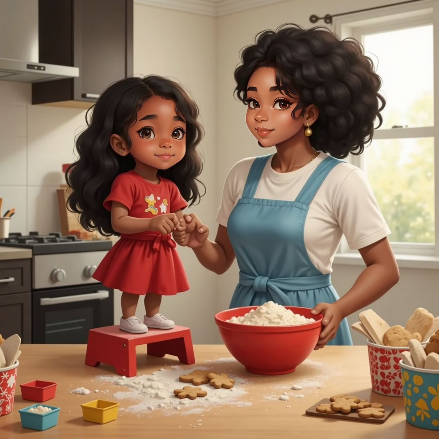In a bright morning kitchen, Mia stands on a stool beside Andrea at the counter, flour sprinkled across the workspace. Andrea smiles warmly, handing Mia a towel, while a mixing bowl, cookie cutters and scattered flour bags clutter the surface.