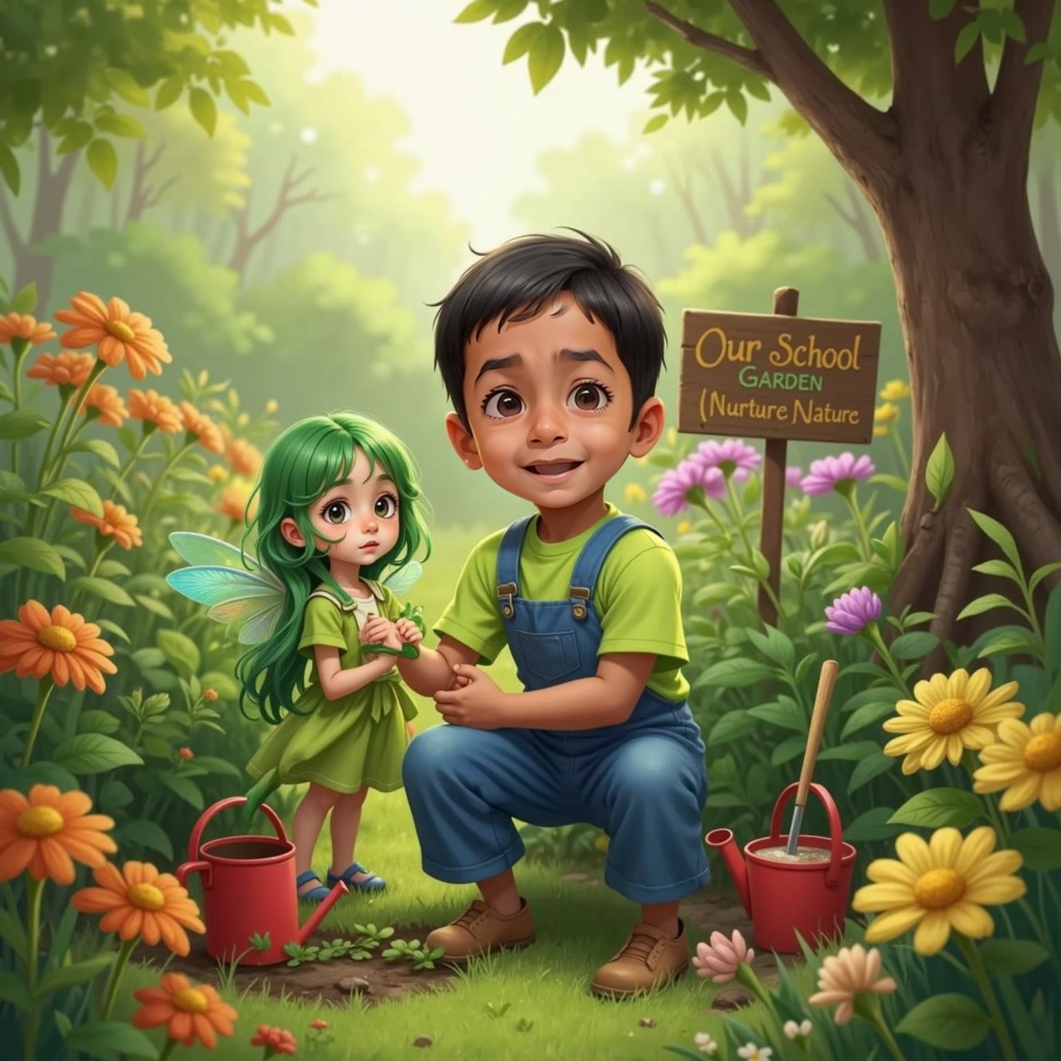 In the dappled shade of the school garden, Krishaay lifts leafy vines to reveal a tiny forest sprite with leaf-green hair and glowing wings clutching a paintbrush. Sunlight filters through branches, spotting their surprised faces.