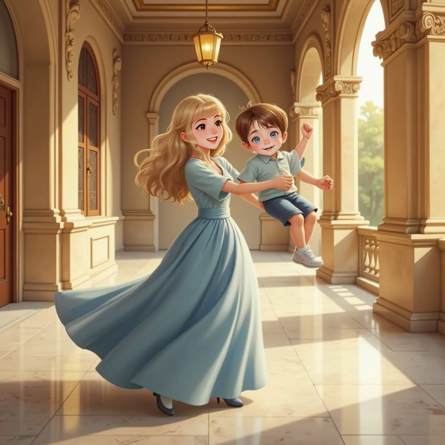 In a sunlit marble corridor lined with golden columns, Sleeping Beauty lifts John Jr into a twirling spin; both laugh widely, her gown flowing and his tiny feet kicking above the polished floor, reflected light dancing across the walls.