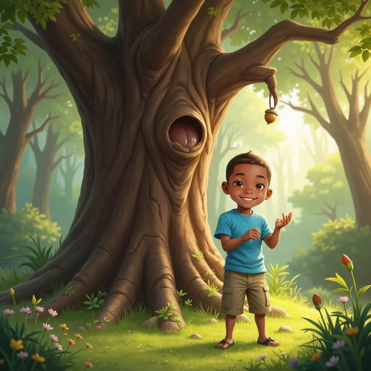 Sunny forest clearing beneath a colossal, wrinkled-faced oak; Kylie-Joshua gazes upward as the speaking tree winks and releases a single acorn that descends toward his open hands.