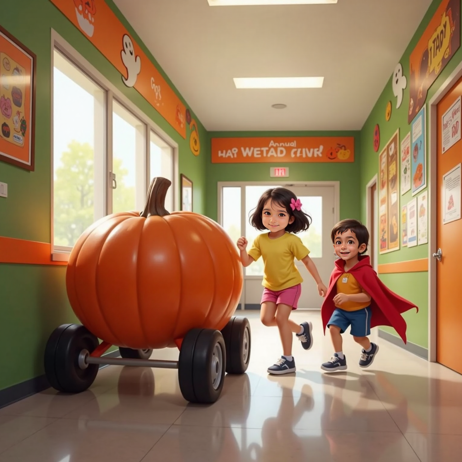 In a brightly decorated school hallway, the Giant Pumpkin barrels past smiling paper ghosts as Sara dashes behind it, arms extended like rocket boots. Krishaay leaps mid-stride, vampire cape fluttering, sneakers squeaking on the shiny floor.