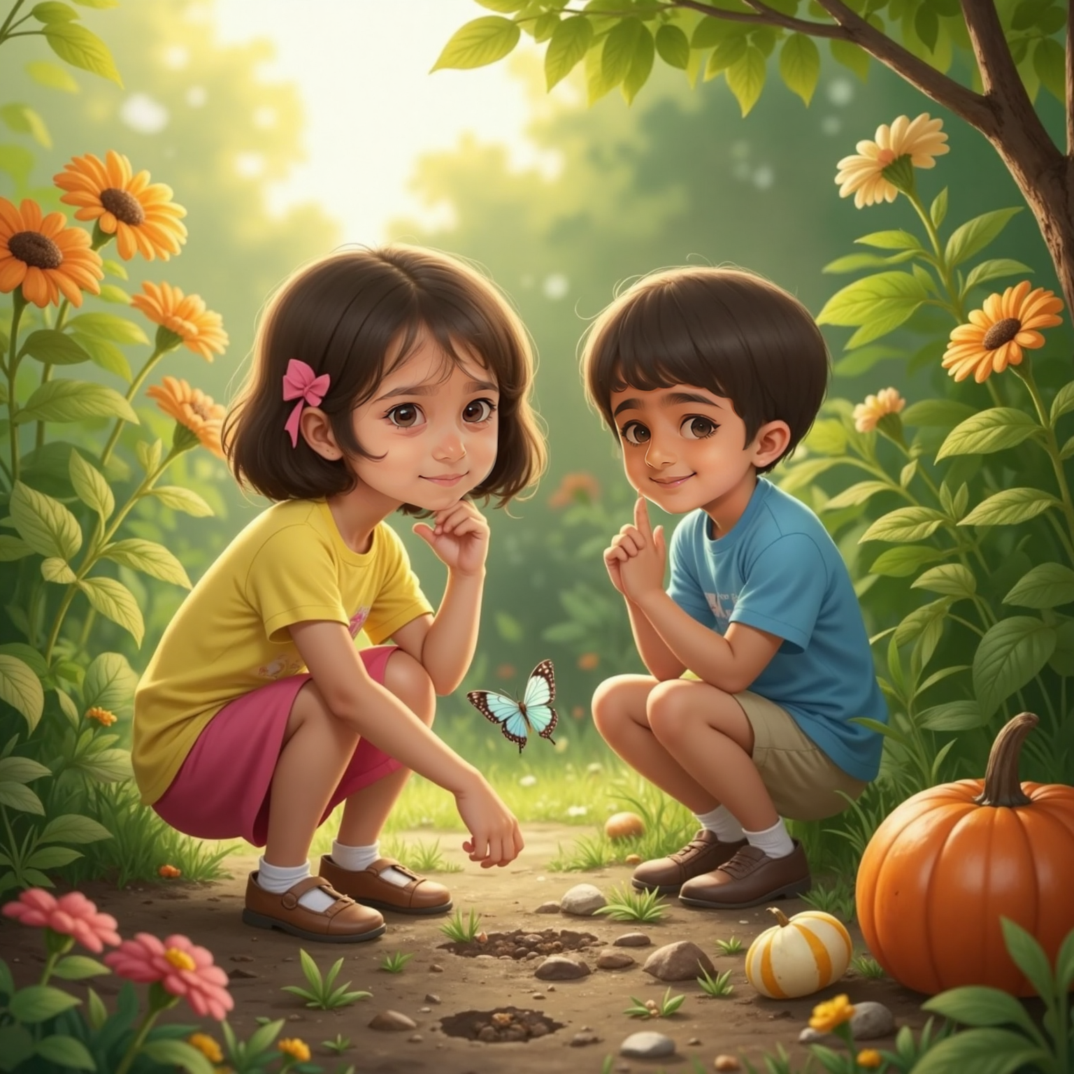 Outside in the late-afternoon school garden bathed in golden light, Sara kneels beside dewy footprints sparkling with glitter while Kiaan, finger to lips, tiptoes toward a rustling mint bush under swaying pumpkin vines.