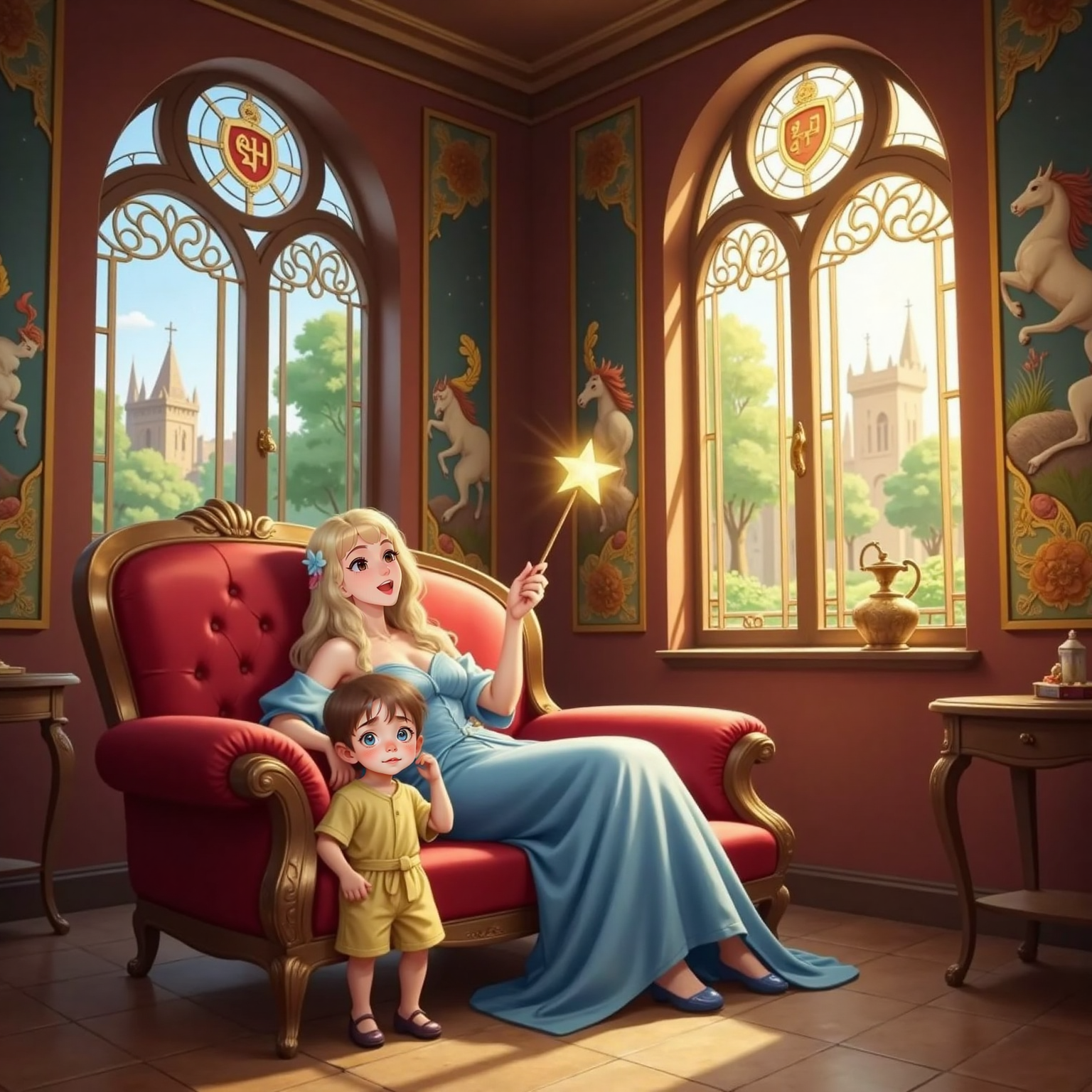 Inside the sunny throne room, Sleeping Beauty lounges on a velvet chaise, mid-yawn, waving a golden wand, while John Jr stands beside her, reaching up with a worried face; stained-glass windows cast warm afternoon colors.