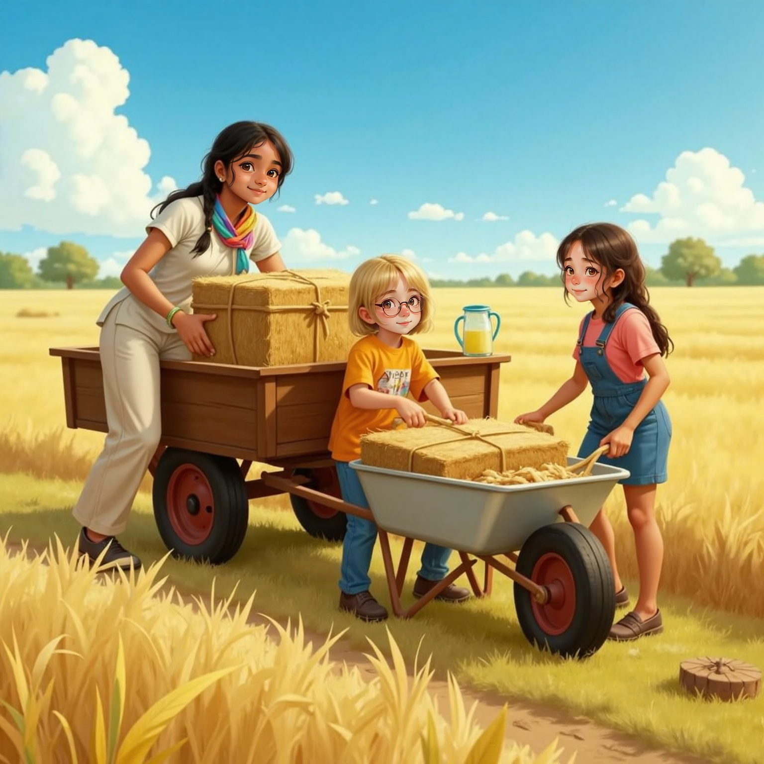 Under bright midday sun in the hayfield, Asha stacks golden bales on a wagon while Nora pushes a wheelbarrow and Elsie ties bundles, all beaming. A pitcher of cold lemonade waits on the wagon seat.