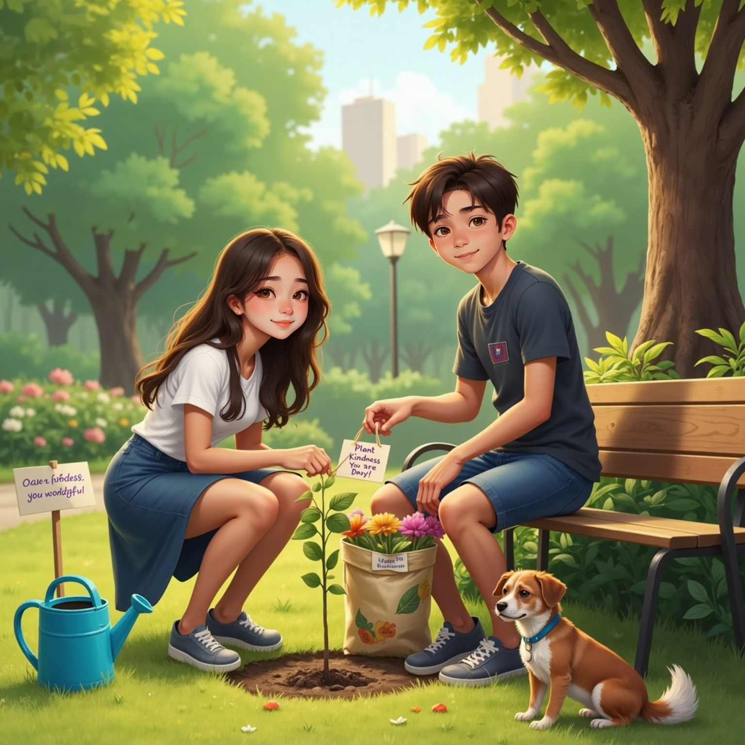 Sunny city park afternoon. Isabelita drops a flower seedling into fresh soil while Agus ties a kindness note to a bench; nearby Bonnie tugs a bulging trash bag toward the bin, petals and wrappers scattered around.