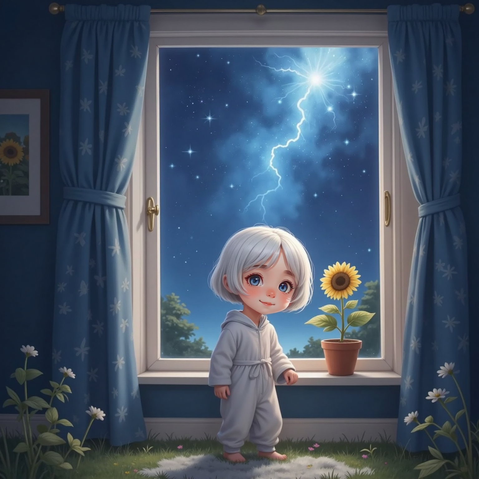 At the window before dawn, Ника sweeps aside the curtain, letting a silver moonbeam cascade onto the soil like a watering can. Star-dust flutters round her like tiny snow birds while the glowing path intensifies.