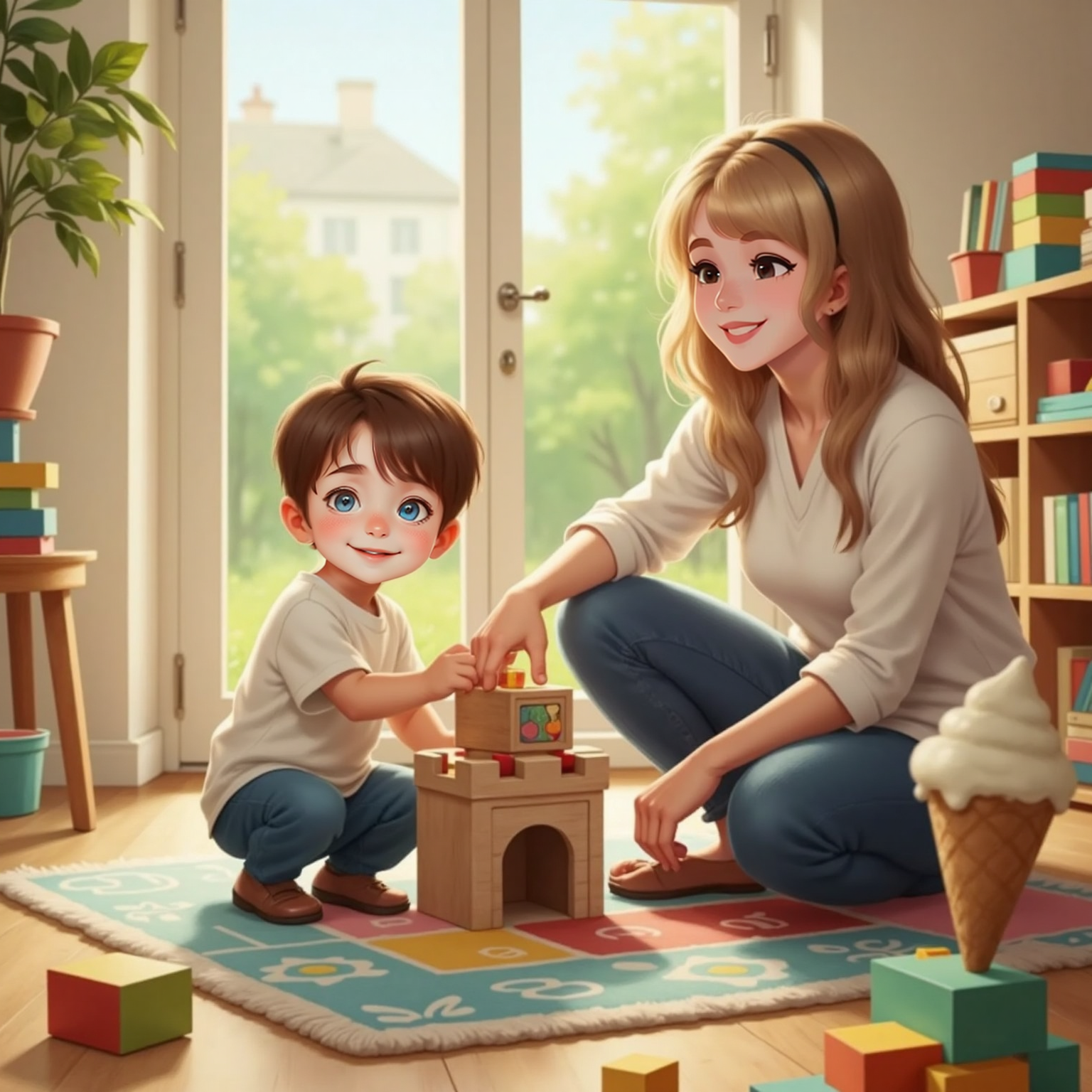 Inside a bright playroom on a sunny afternoon, Sleeping Beauty and John Jr sit on a colorful rug, stacking wooden blocks into a miniature castle beside a melting ice-cream cone prop; sunlight pours through open windows, highlighting their shared grin.