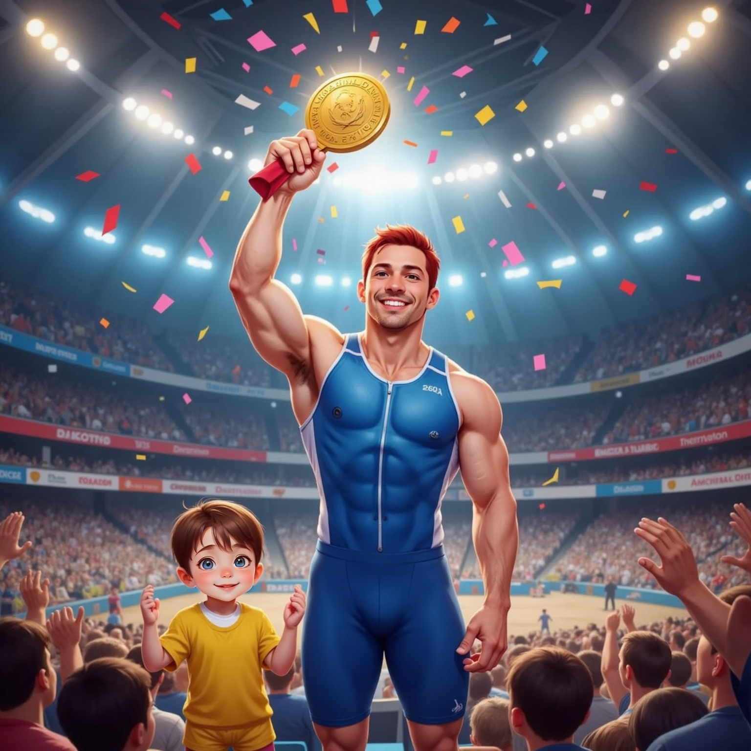 Under bright stage lights inside the arena, Hercules raises a gold medal high, beaming triumphantly. John Jr stands at his side clapping vigorously; confetti drifts over them while cheering spectators blur in the background.
