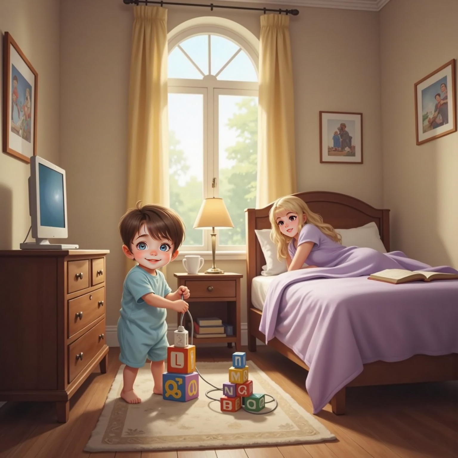 Morning sunlight streams through tall windows as John Jr tugs the power plug from the blinking computer on the bedroom floor; Sleeping Beauty, seated on the bed, stretches with rosy cheeks and half-opened eyes, golden hair catching the warm light.