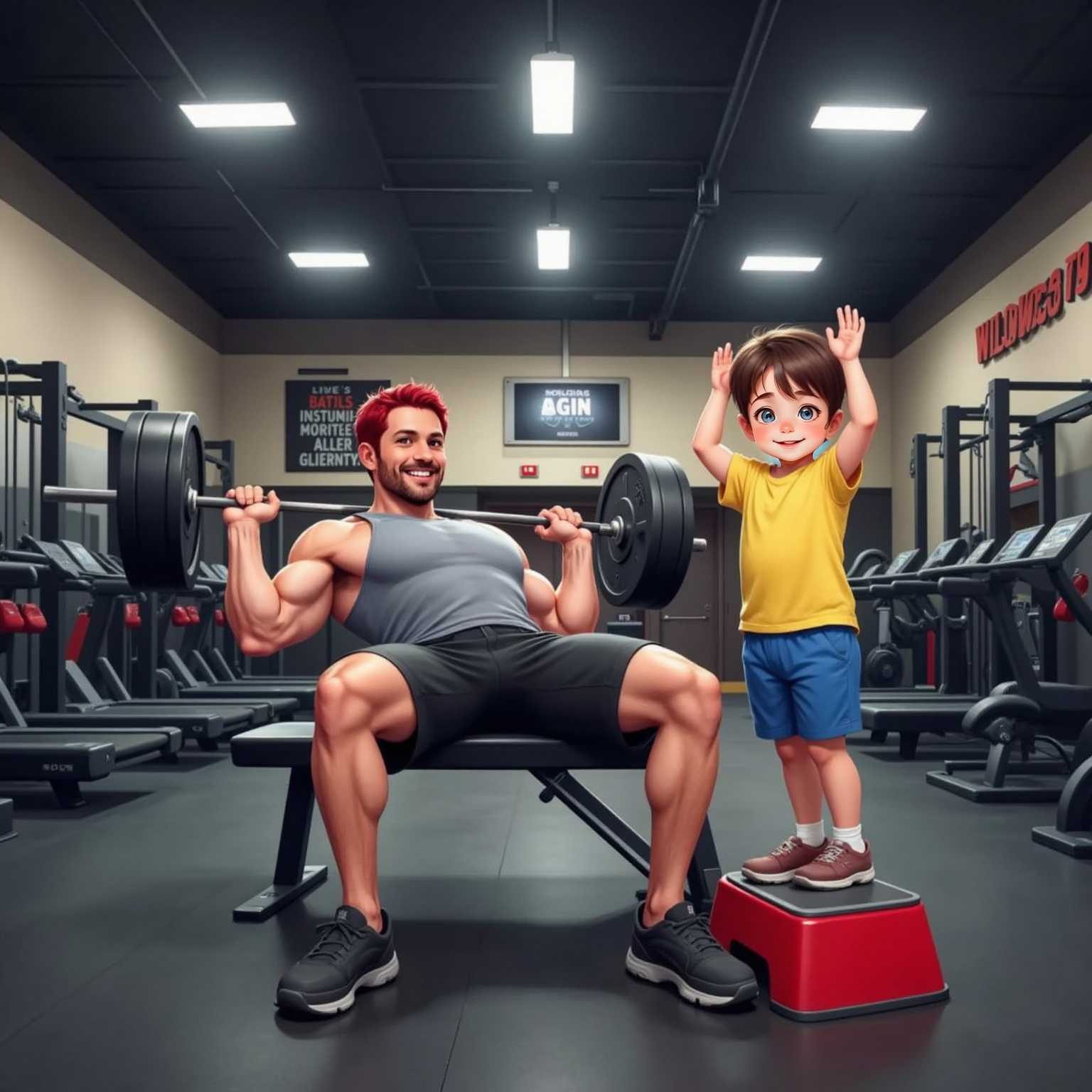 Inside the vibrant indoor gym under bright overhead LEDs, Hercules strains on a bench press, smiling, barbell hovering above his chest. Beside the bench, John Jr stands on a step-stool, arms ready, cheering with an enthusiastic grin.