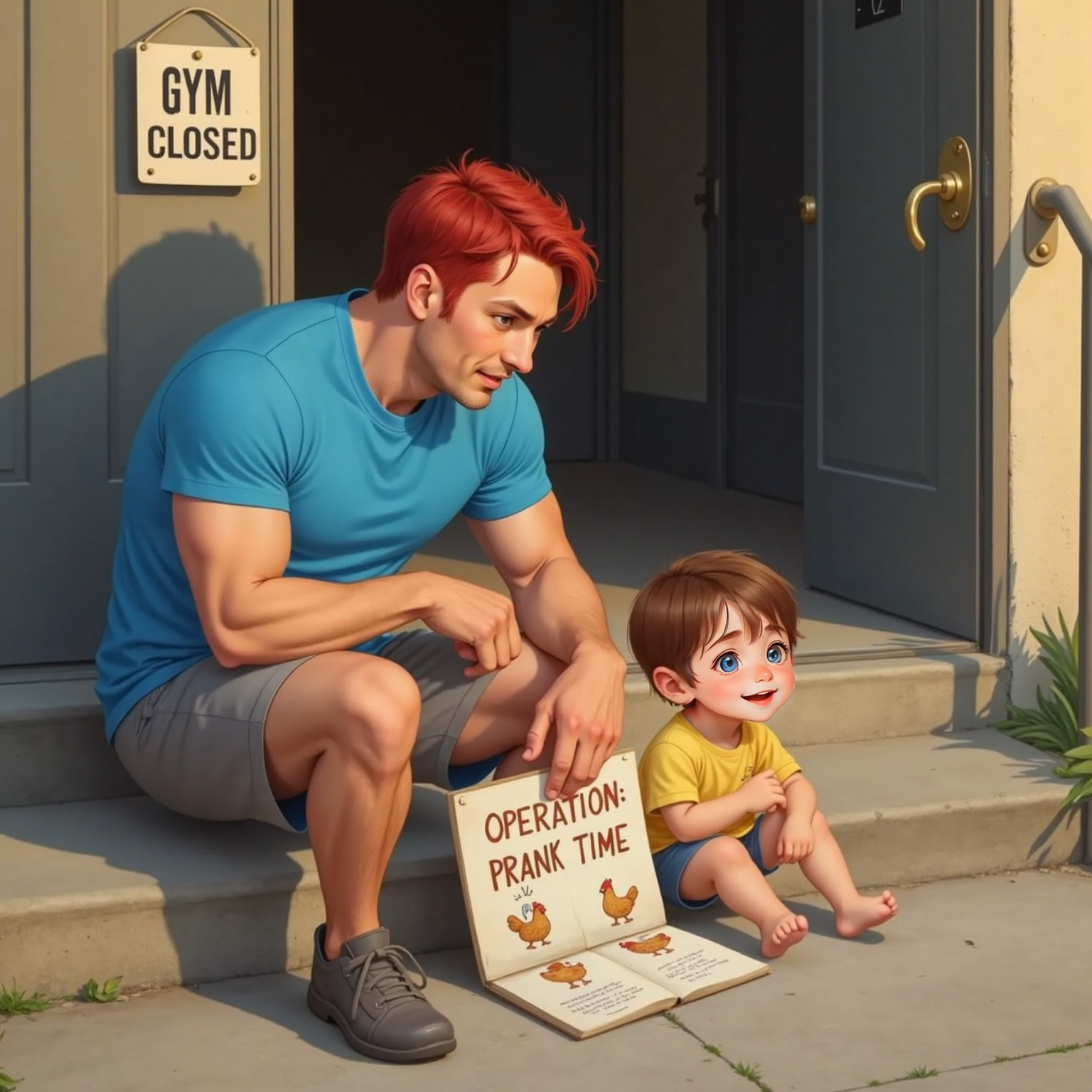 Late-afternoon sunlight bathes the concrete steps of the locked gym, where Hercules and John Jr sit side-by-side, heads close together, grinning. A crumpled notepad lies between them, capturing their whispered prank ideas.