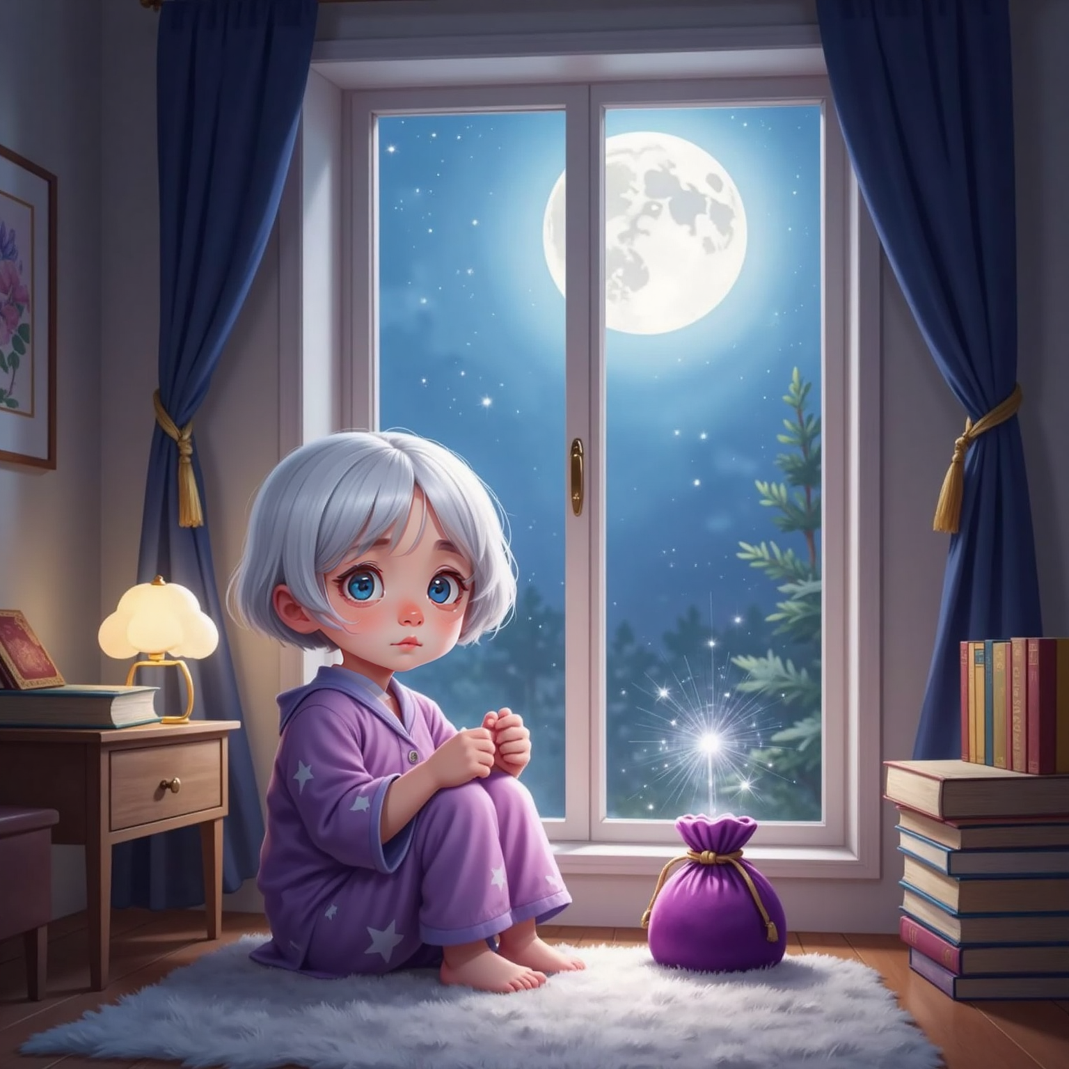 Nighttime beside the same window, Ника carefully unties a ribbon and opens the velvet pouch, silver dust erupting between her trembling fingers. Moonlight intensifies through the glass, tinting the room with pearly glow.