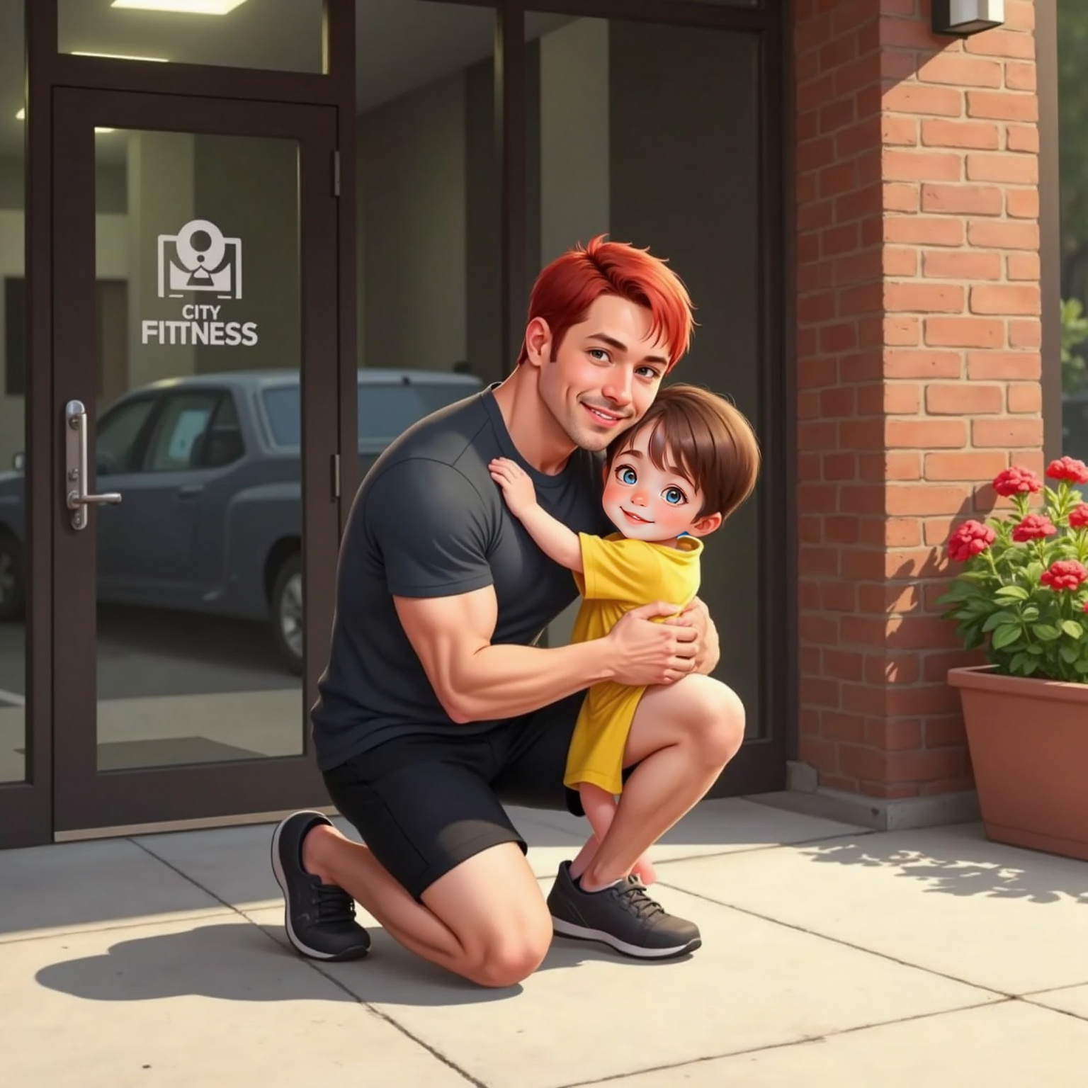 On the sunny sidewalk outside the gym entrance, Hercules kneels and smiles softly as John Jr wraps tiny arms around his neck. Warm midday light casts gentle shadows on the brick wall and closed glass doors behind them.