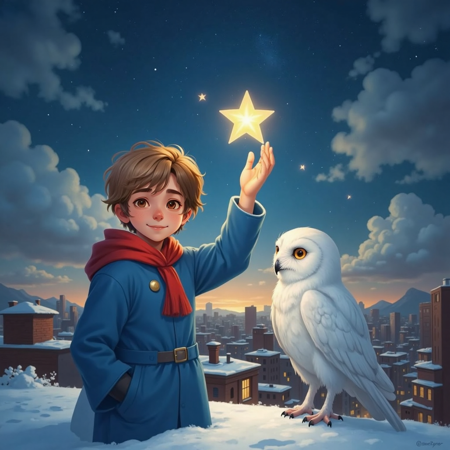 On the snow-dusted roof under drifting night clouds, Арсений lifts the small star toward the sky, face illuminated with hopeful gold. A large white polar owl with amber eyes hovers beside him above the dim city lights.