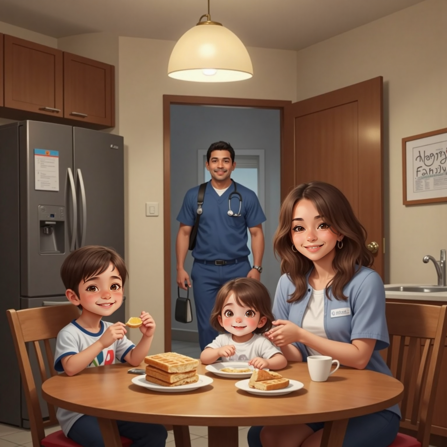 Sebas y Maria Paz cenando waffles  en una cocina con mesa café y un refrigerador gris, ambos están felices y compartiendo, su mamá los acompaña y se ve que por la puerta que entra el papá vestido de doctor, él de latino de cabell