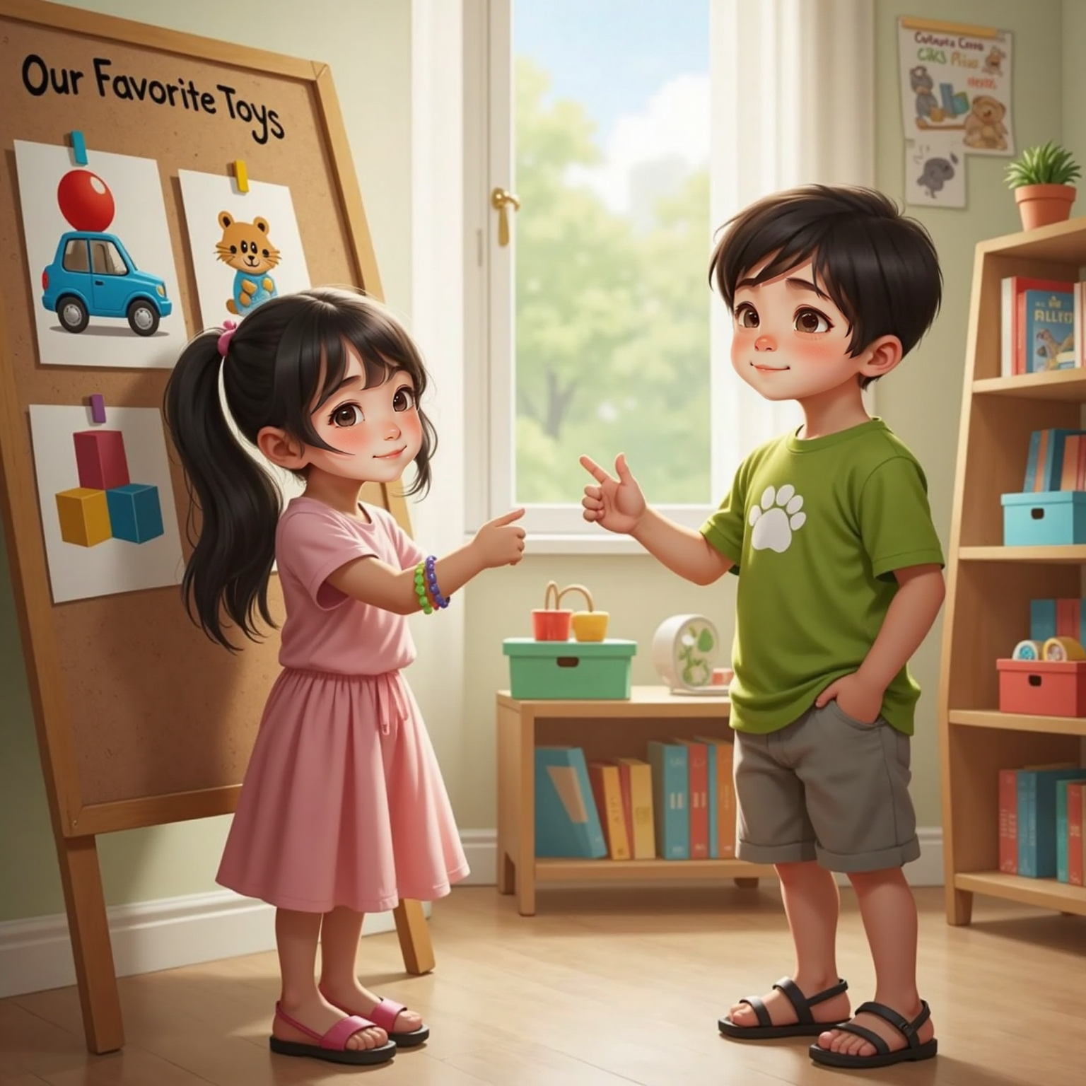Aya pointing at a picture of a red ball, Dino pointing at a picture of a toy car. Both look excited.